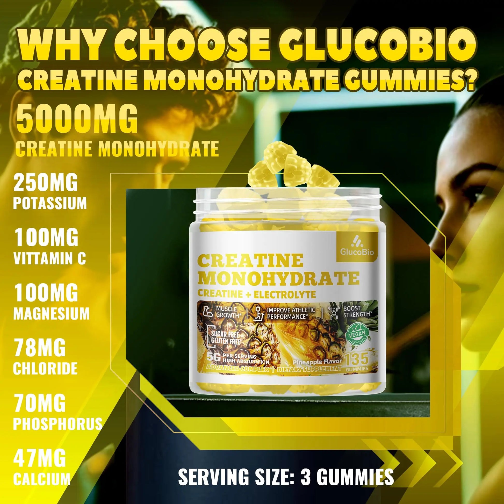 GlucoBio Creatine Monohydrate Gummies (5g) – Pre-Workout Energy & Muscle Growth Support for Men & Women | Pineapple Electrolyte Gummies (135 Count) GlucoBio uk supplements