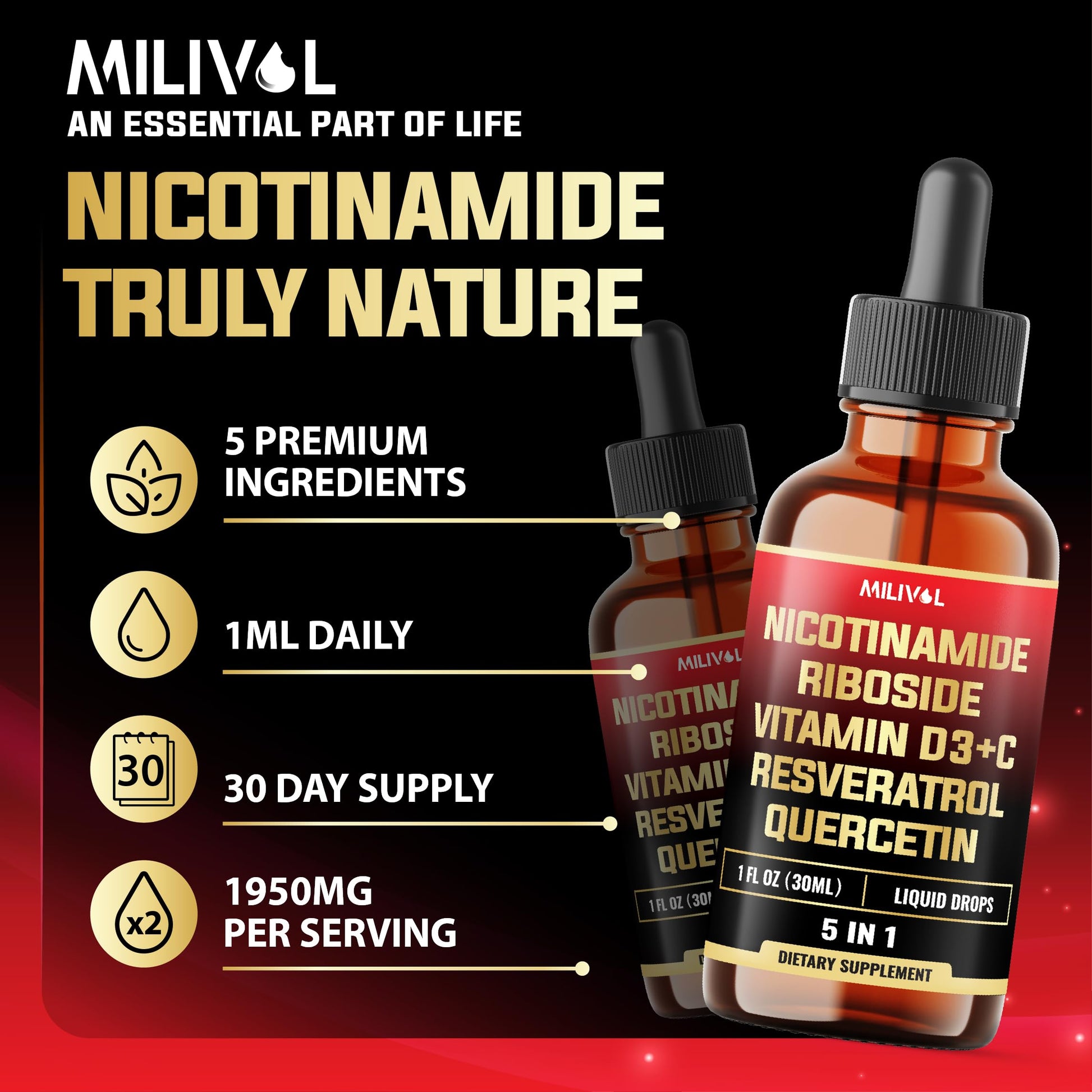 MILIVOL 5in1 NAD+ Liquid Drops w/Nicotinamide Riboside NR 900mg, Quercetin 500mg, Trans-resveratrol 500mg, Vitamin D3-C - Cellular Energy & Repair, Vitality, Healthy Aging - 1FL Oz - 1 Month Supply MILIVOL uk supplements