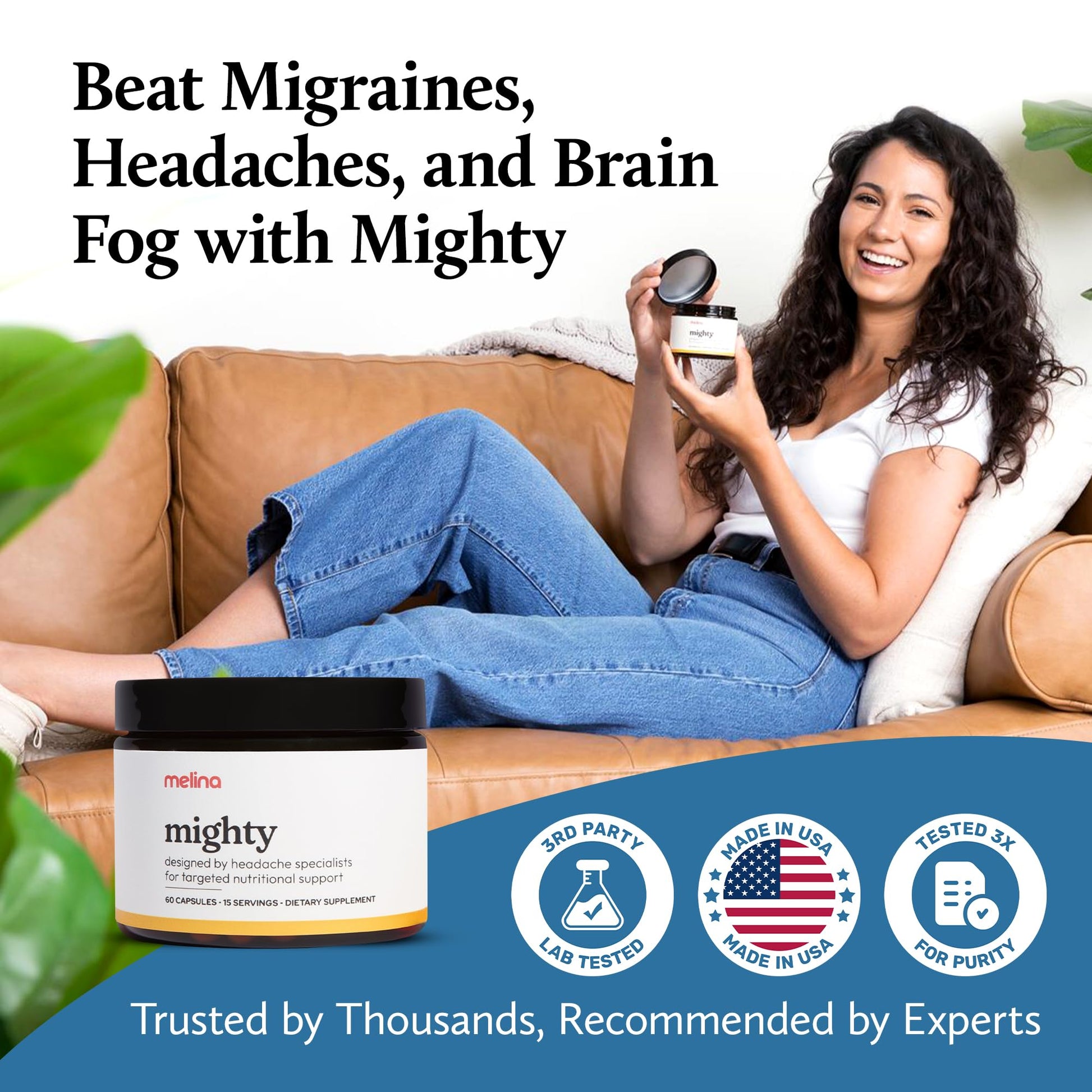 Melina Mighty Natural Migraine Relief Supplement - Magnesium, B2 Riboflavin 400mg, Feverfew, CoQ-10, ALCAR to Strengthen Migraine and Headache Prevention - 15 Servings (60 Caps) Melina uk supplements