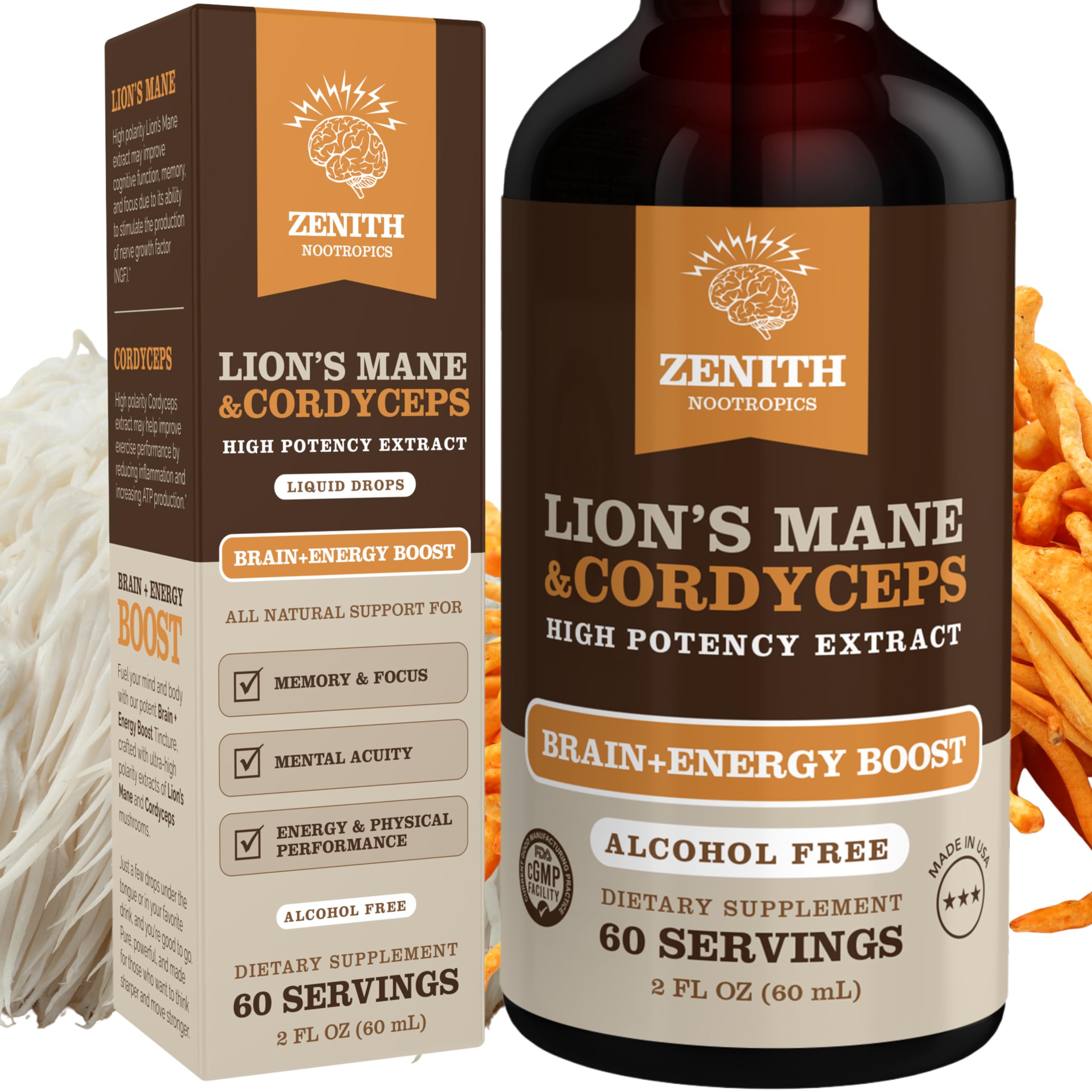 Zenith Nootropics Lion’s Mane & Cordyceps Supplement – Brain & Energy Support – Focus, Memory, Clarity, Immunity – Vegan, Alcohol-Free Tincture – Up-to 2-Month Supply, 2 fl oz Zenith Nootropics uk supplements
