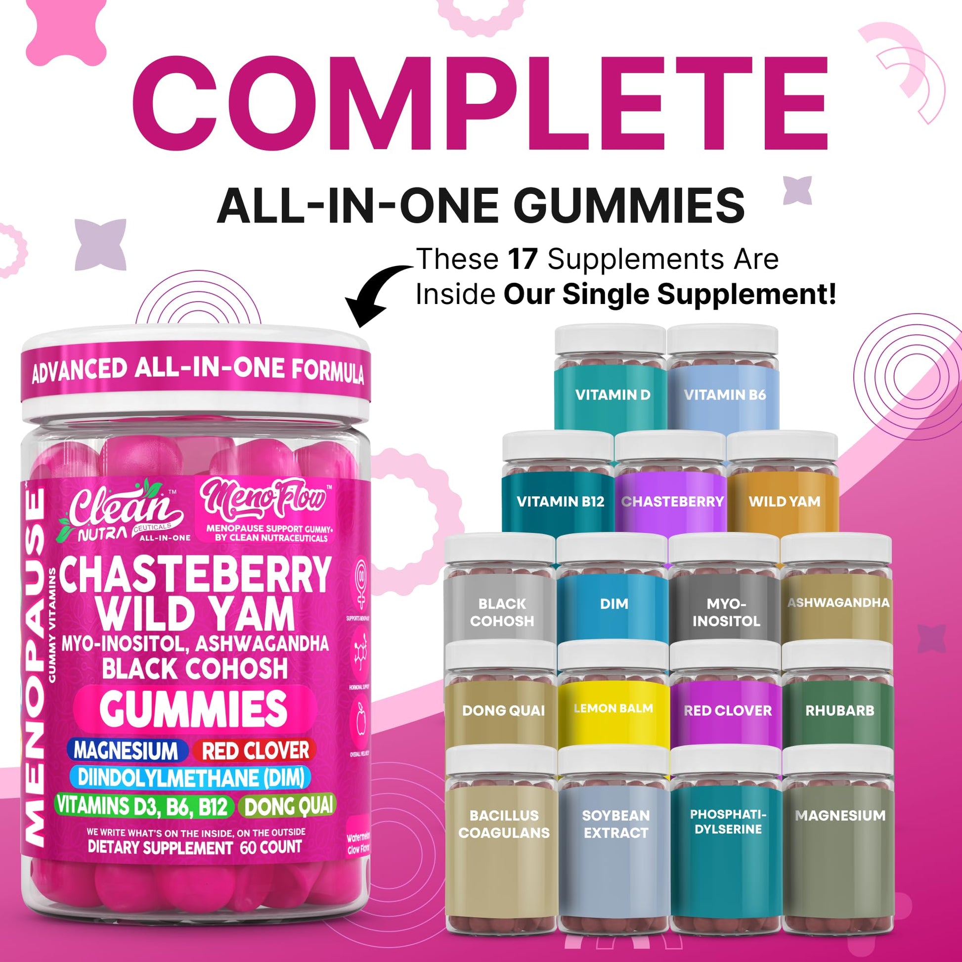 Clean Nutra Menopause Supplements for Women Chastberry Wild Yam Gummies Inositol Black Cohosh Magnesium Red Clover DIM Supplement B6 Magnesium Glycinate Glycine Vitex Hormone Balance Gummy Vitamins Clean Nutraceuticals uk supplements