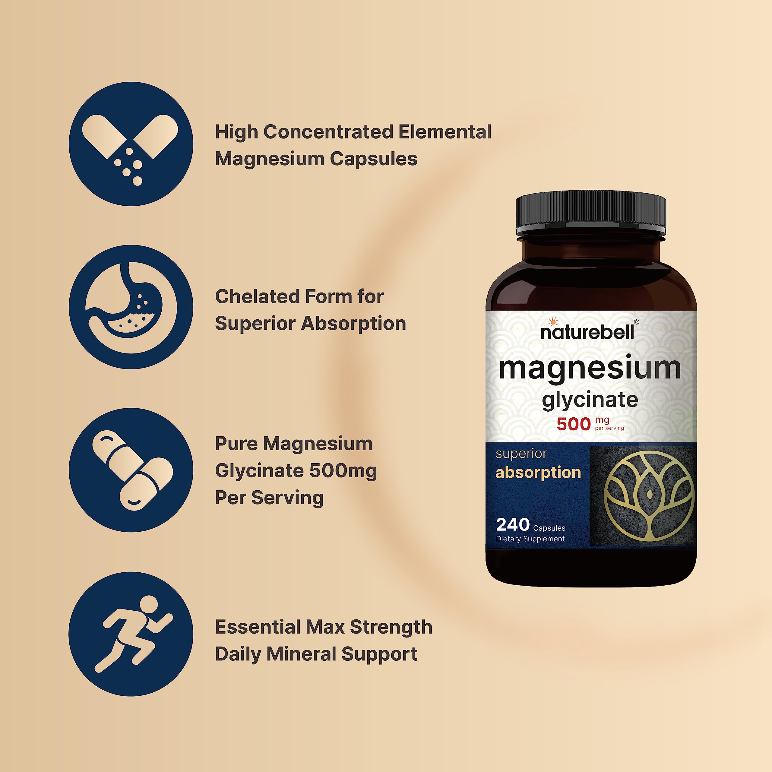 NatureBell Magnesium Glycinate Capsules 500mg | 240 Count, 100% Chelated & Purified NatureBell uk supplements