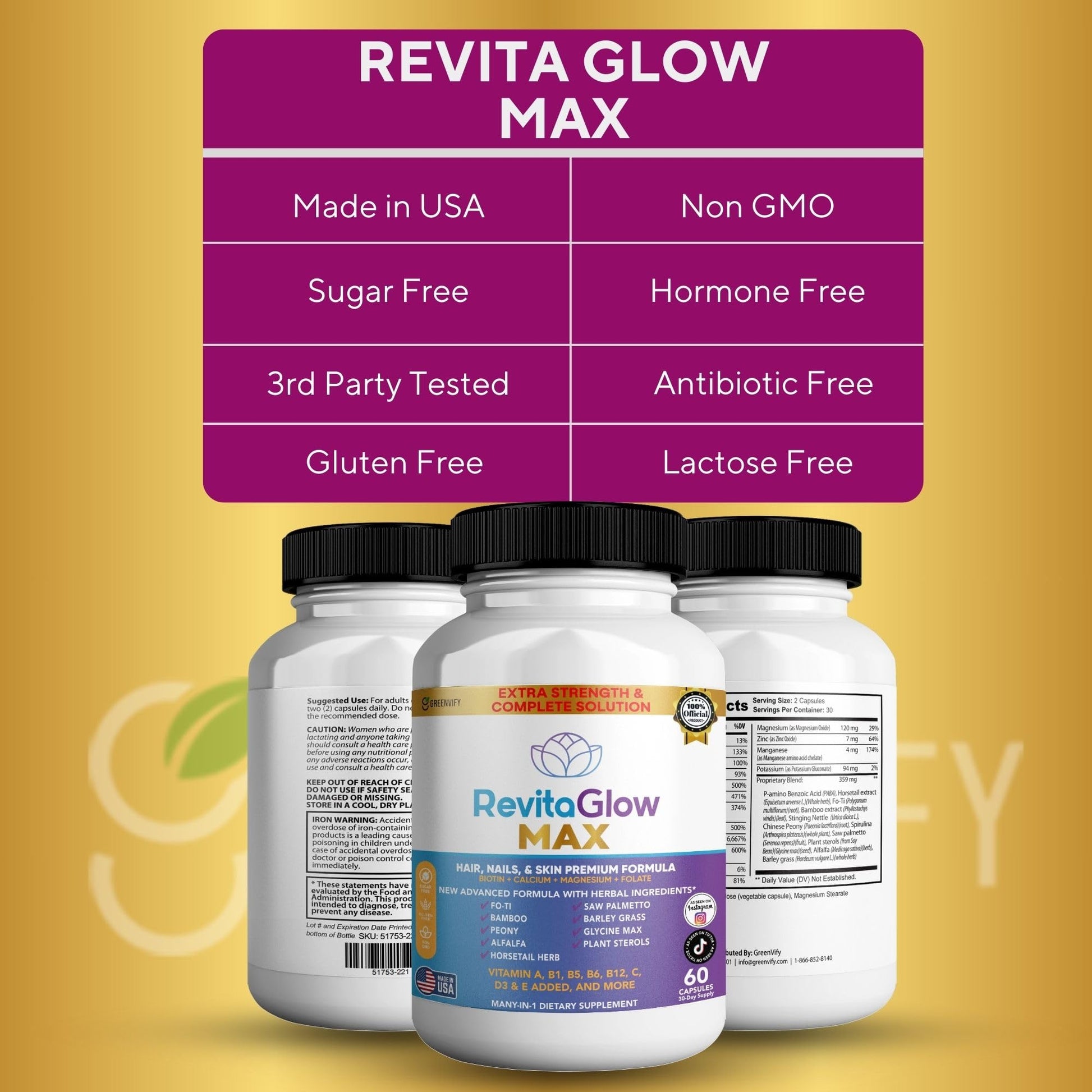 GREENVIFY RevitaGlow Max Hair, Nails & Skin Premium Formula, 60 Capsules, 30-Day Supply, with Biotin, Vitamins A, B1, B5, B6, B12, C, D3, E (1) GREENVIFY uk supplements