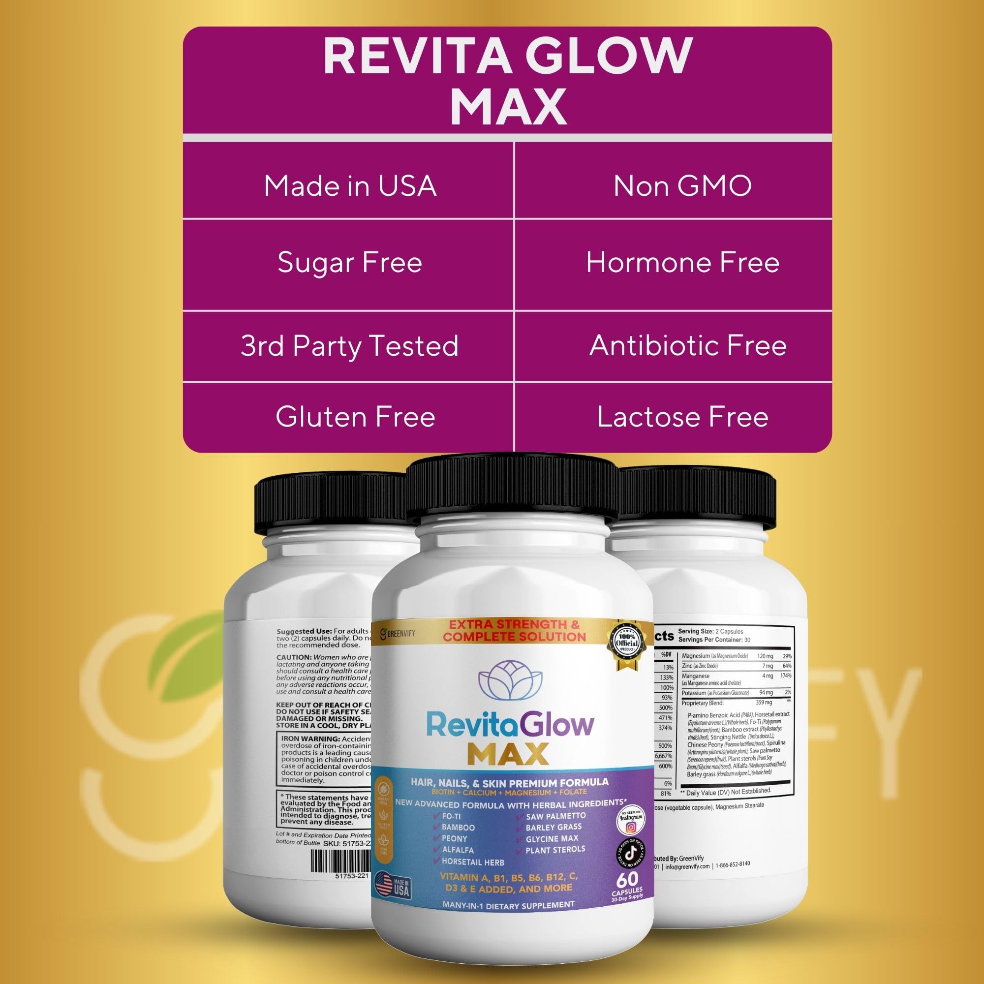 GREENVIFY RevitaGlow Max Hair, Nails & Skin Premium Formula, 60 Capsules, 30-Day Supply, with Biotin, Vitamins A, B1, B5, B6, B12, C, D3, E (1) GREENVIFY uk supplements