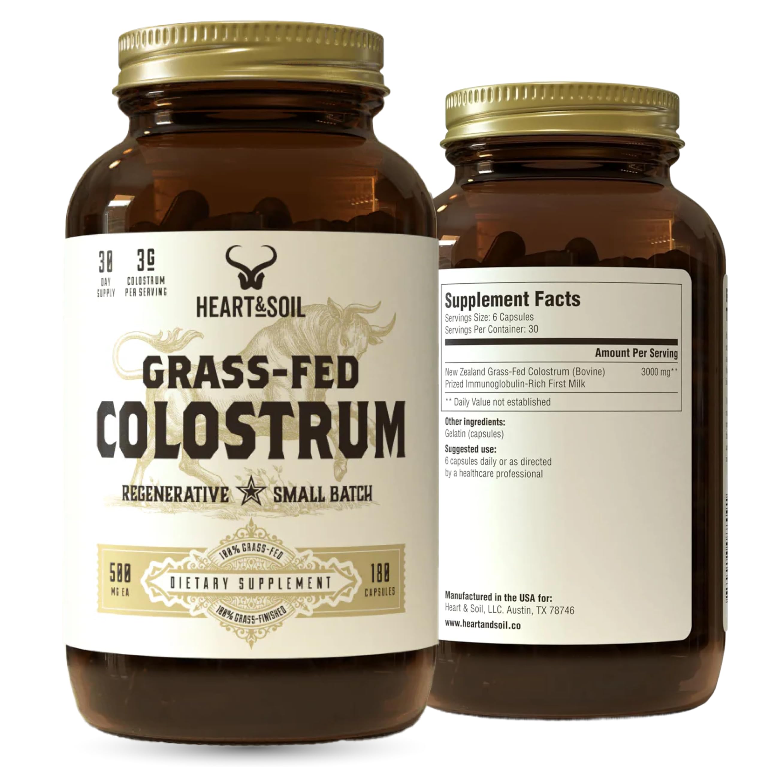 HEART & SOIL 100% Grass Fed & Finished Colostrum Supplement from Regenerative Cattle for Gut, Muscle & Immune Health – 3000mg Bovine Colostrum Capsules - Gut Health for Men & Women –180 Capsules HEART & SOIL uk supplements