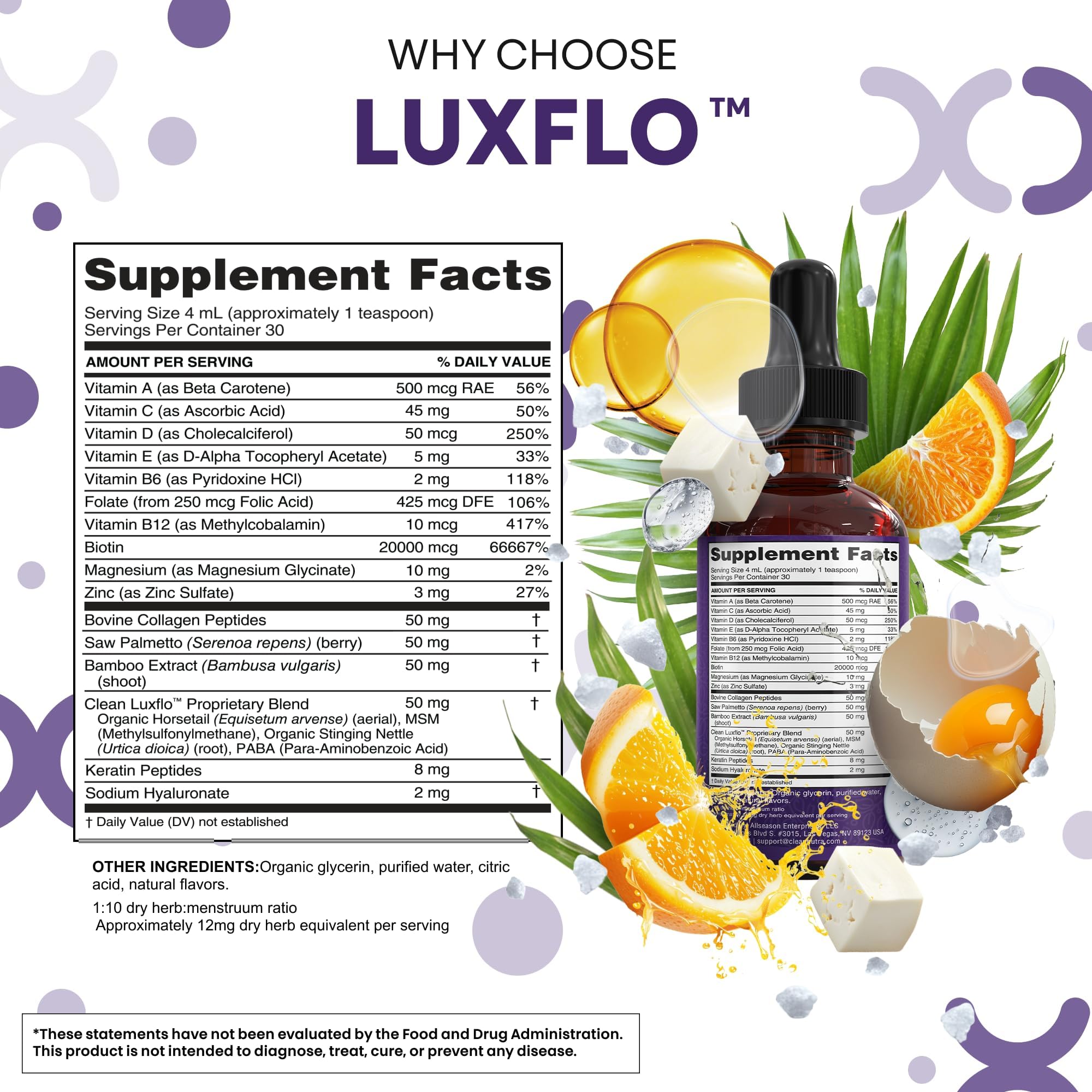 Liquid Biotin & Collagen Keratin Hyaluronic Acid Saw Palmetto Drops Vitamins for Hair Growth Support Silica Vitamin A C D Bamboo Turmeric Zinc Folate Magnesium Horsetail LuxFlo By Clean Nutra Clean Nutraceuticals uk supplements