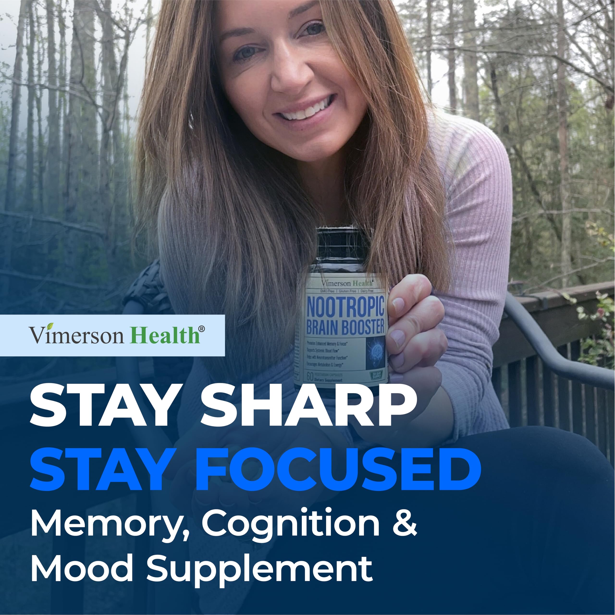 Nootropics Brain Support Supplement - Nootropic Brain Booster for Improved Focus, Concentration & Memory. Brain Nootropic for Brain Health, Mood & Energy Support. Non-GMO. Made in the USA. 60 Capsules Vimerson Health uk supplements