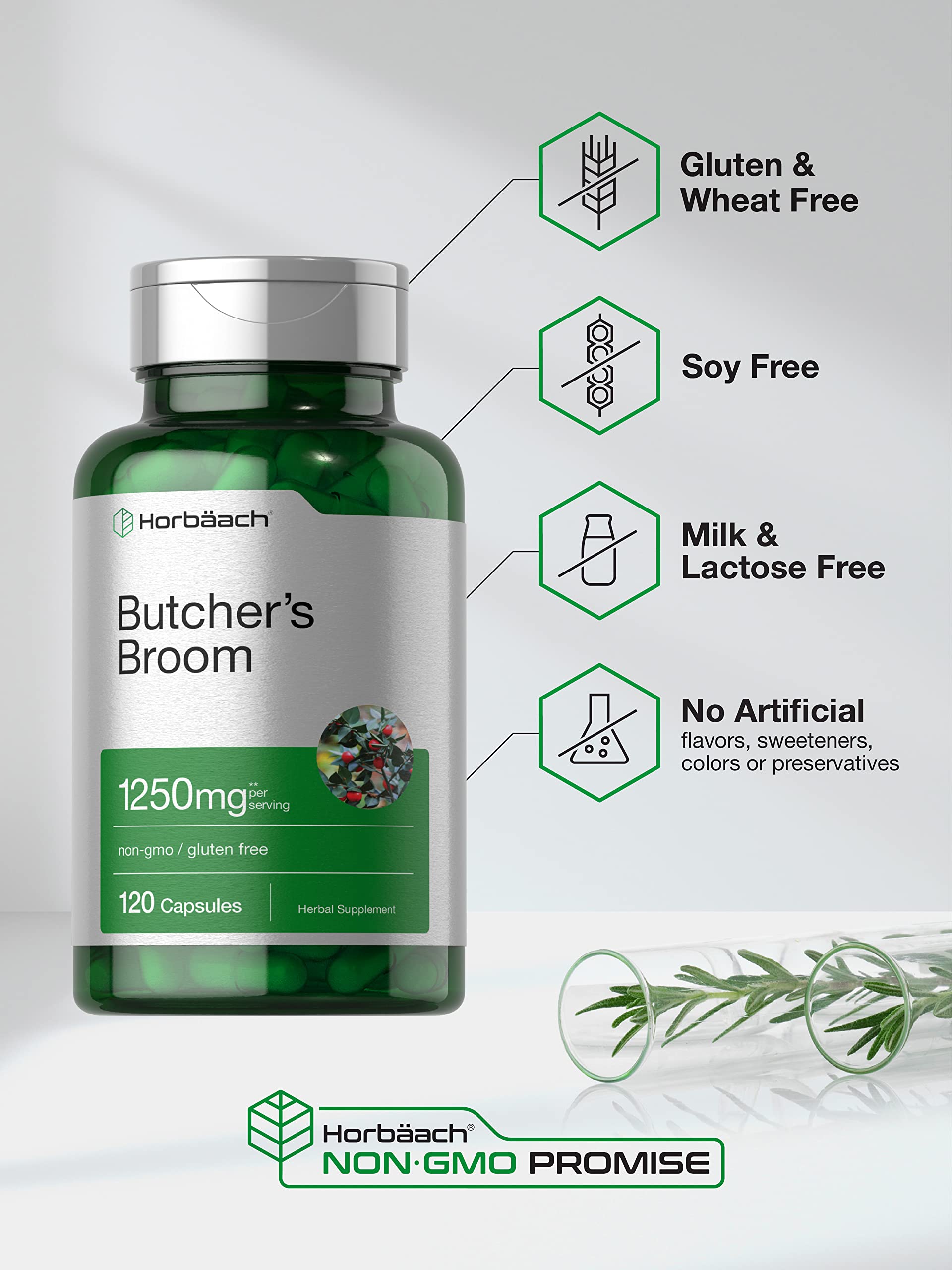 Butchers Broom Capsules 1250mg | 120 Count | Non-GMO, Gluten Free | Traditional Herb Horbäach uk supplements