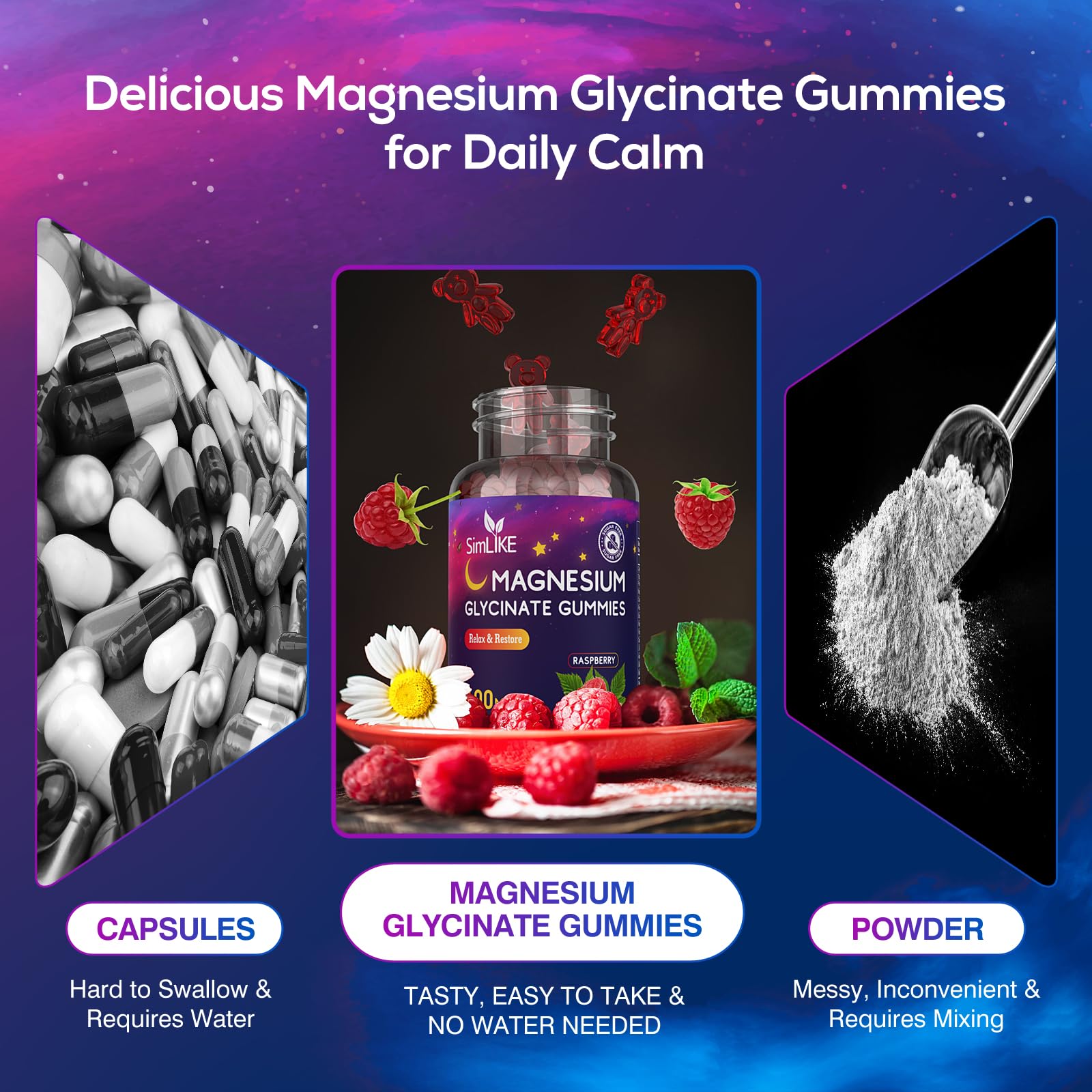 Magnesium Glycinate Gummies 400mg, High Absorption Magnesium Gummies with L-Theanine, Ashwagandha & GABA for Relaxation, Stress Relief & Sleep, Sugar Free, Vegan, 60 Raspberry Simlike uk supplements