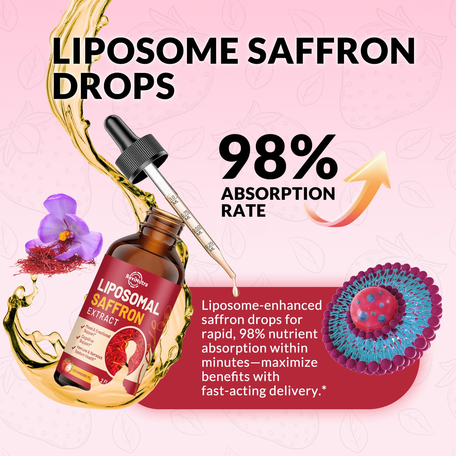 Saffron Supplements - 88.5mg Saffron Extract Liposomal Liquid Drops with Magnesium, Zinc, Ashwagandha, L-Theanine, Vitamin B6, D3 for Antioxidant Mood Energy Vision & Focus, Strawberry Flavor 2 Fl Oz ReviNutra uk supplements