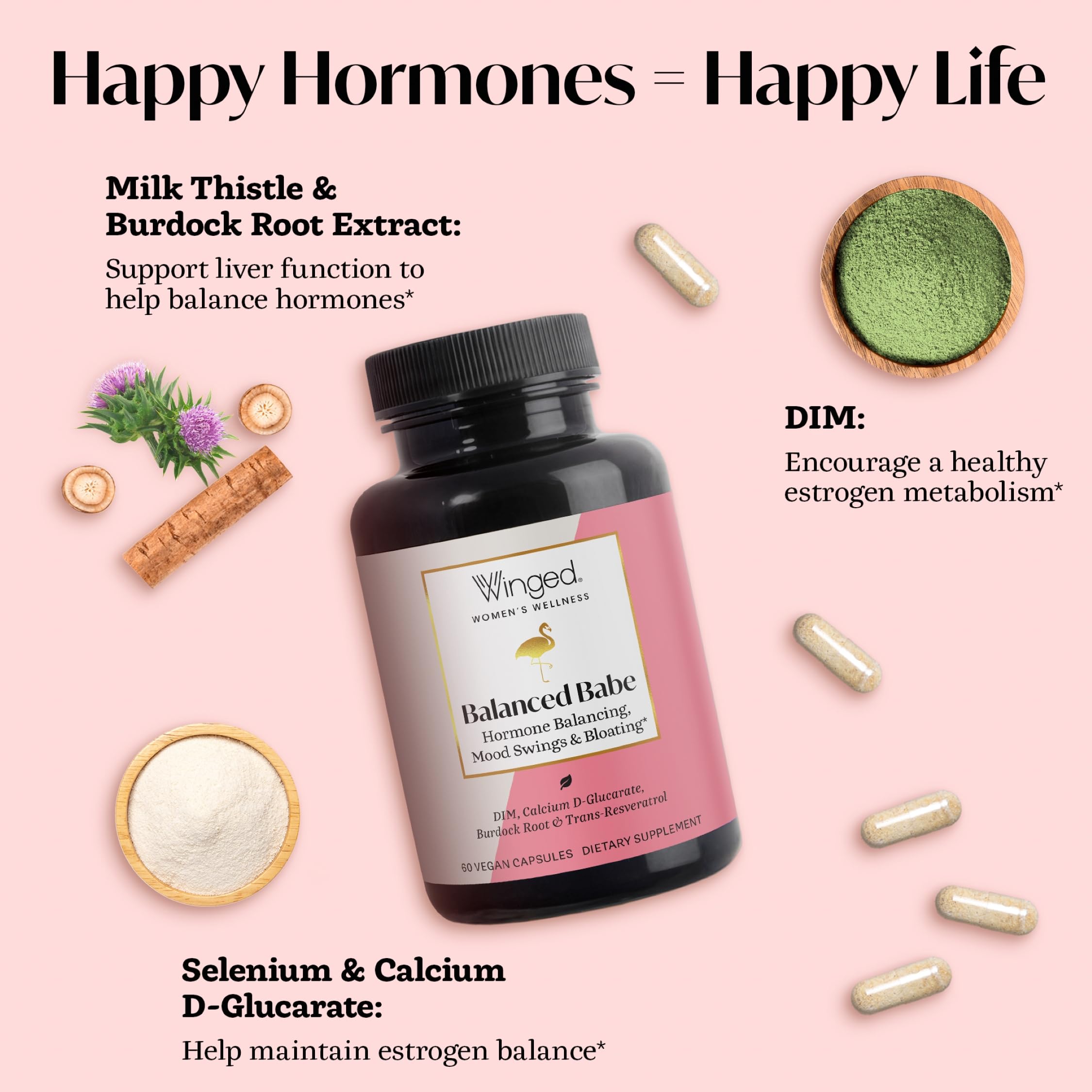Winged Wellness Balance Babe, Hormone Balance & Estrogen Detox Supplement for Women - 100mg DIM & Calcium D-Glucarate & Milk Thistle for PMS Bloating, Cramps, Mood & Hormonal Acne Support, 60 Capsules Winged Wellness uk supplements