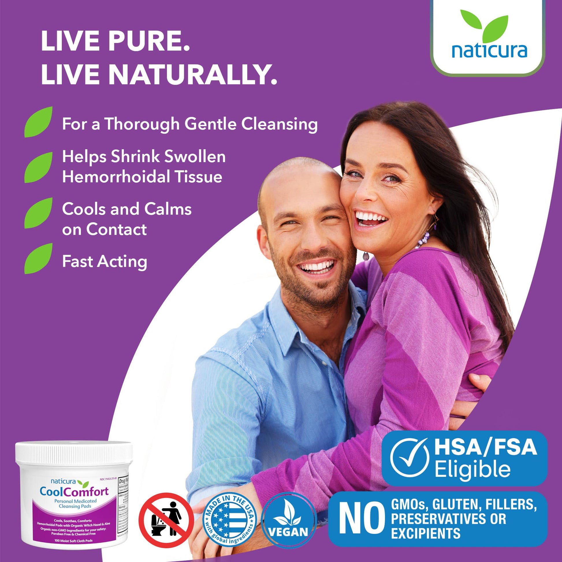 CoolComfort Personal Cleansing Pads with Organic Witch Hazel and Aloe Vera - All Natural and Fast Acting Wipes for Hemorrhoid Burning, Itching, Pain and Swelling - 100 Pads - No Parabens - Made in USA Naticura uk supplements