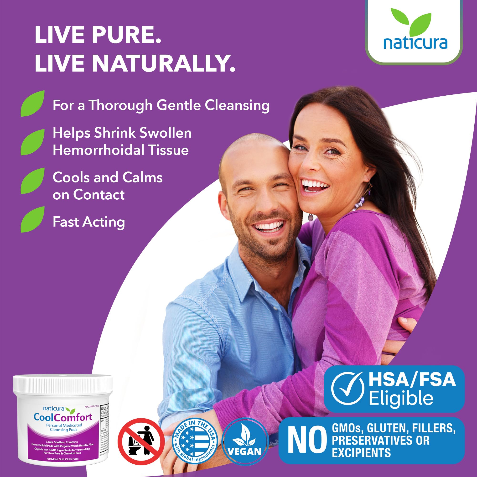 CoolComfort Personal Cleansing Pads with Organic Witch Hazel and Aloe Vera - All Natural and Fast Acting Wipes for Hemorrhoid Burning, Itching, Pain and Swelling - 100 Pads - No Parabens - Made in USA Naticura uk supplements