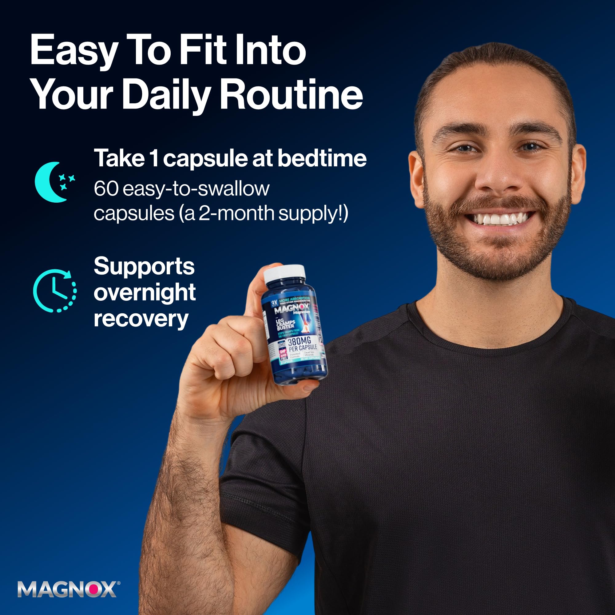 MAGNOX® Buster | Patented Clinically Tested 380mg Magnesium Supplement for Spasms & Leg Cramps at Night | One Capsule a Day for Almost Full Dosage | 3X More Absorption | Dead Sea Minerals (60 Caps) MAGNOX uk supplements