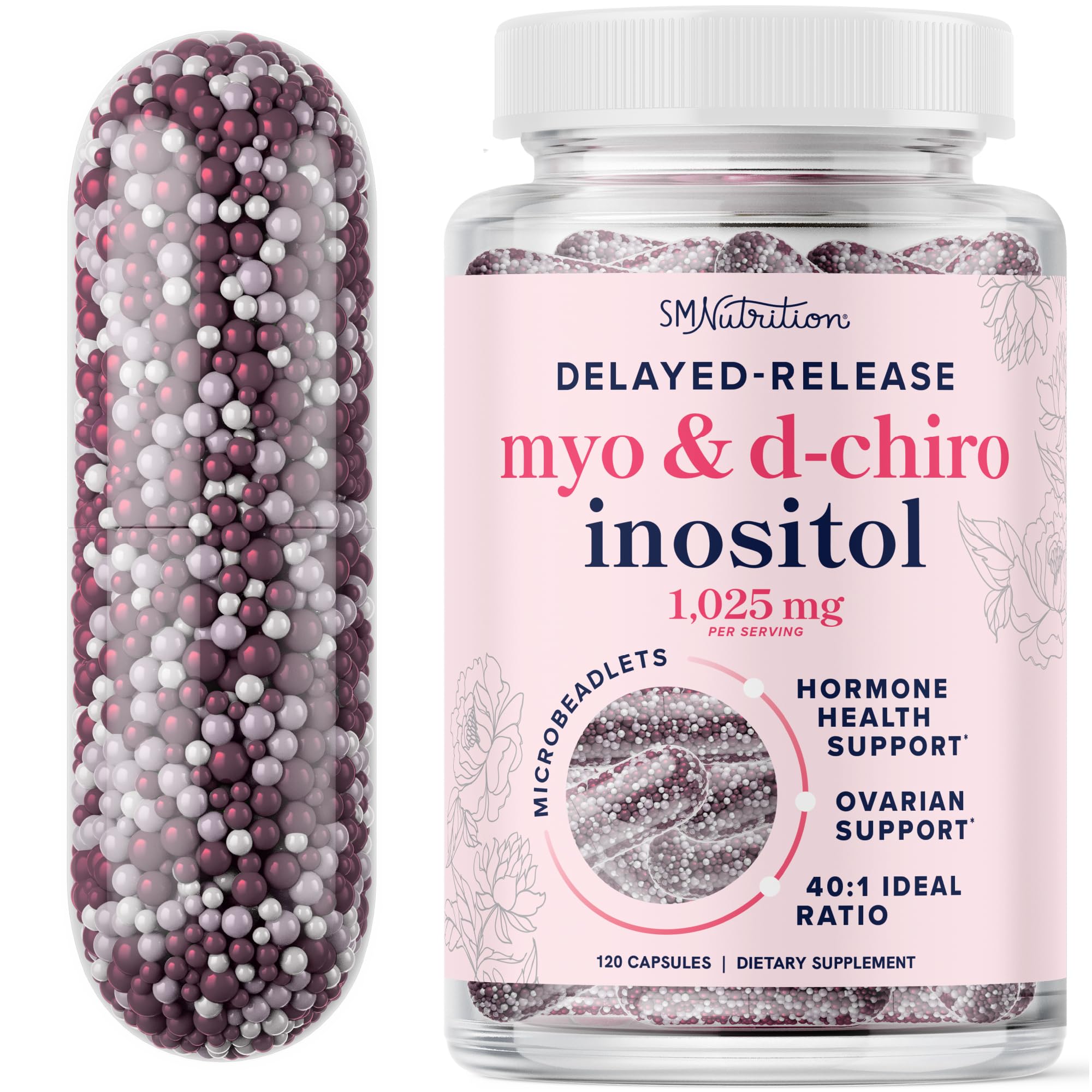 Myo-Inositol & D-Chiro Inositol for Hormone Balance for Women | Microbeadlets to Regulate Menstrual Cycle & Support Ovarian Health | 40:1 Ratio Myo & D Chiro | Non-GMO | 120 Ct (1 Month Supply) SMNutrition uk supplements