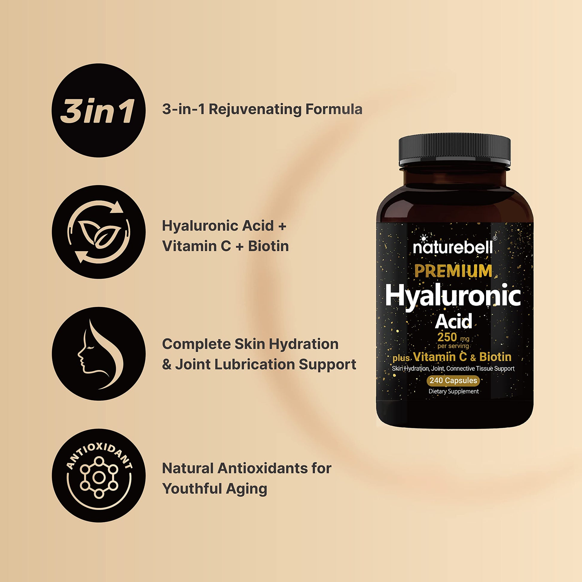 NatureBell 2 Pack Plant Based Hyaluronic Acid Supplements 250mg with 25mg Vitamin C NatureBell uk supplements