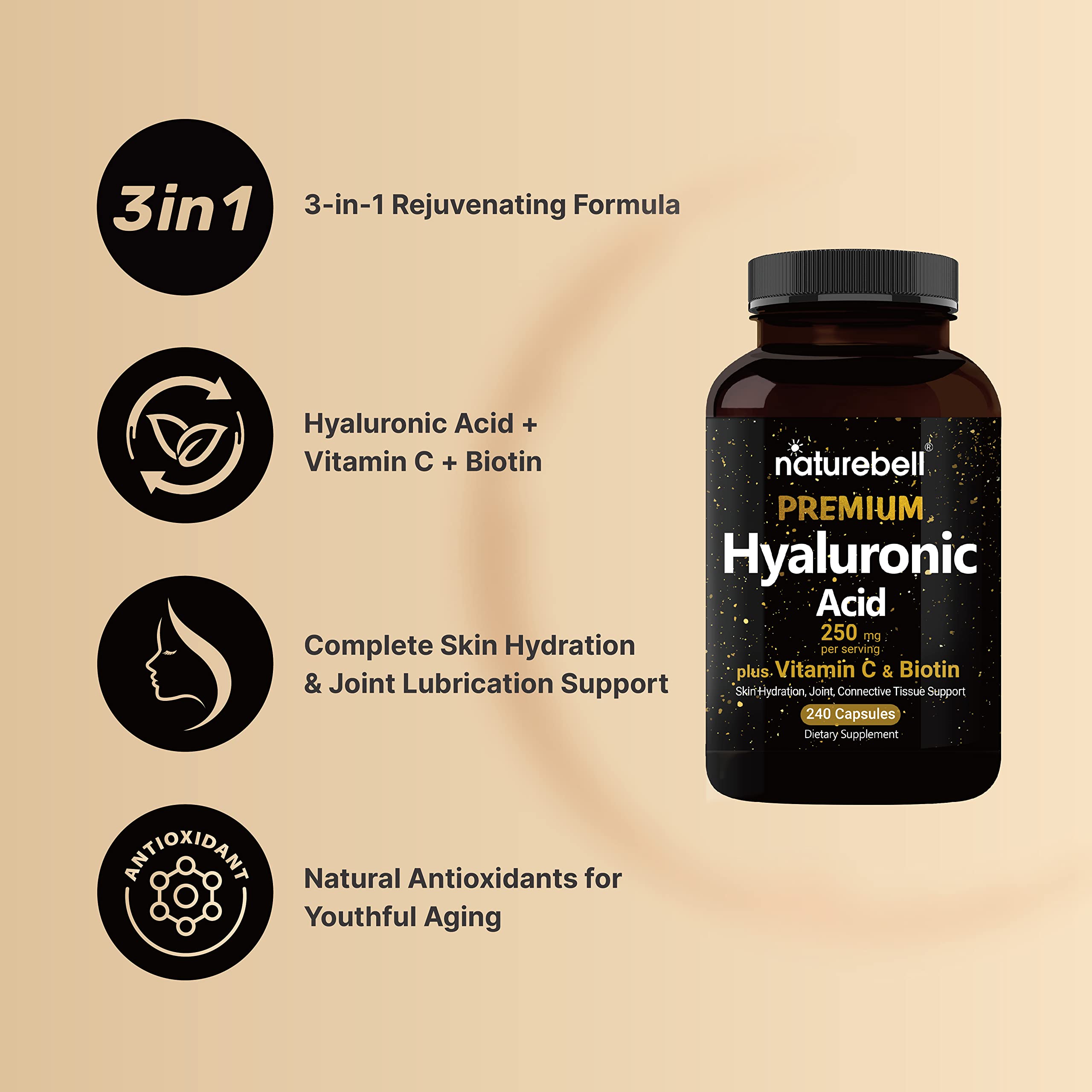 NatureBell 2 Pack Plant Based Hyaluronic Acid Supplements 250mg with 25mg Vitamin C NatureBell uk supplements