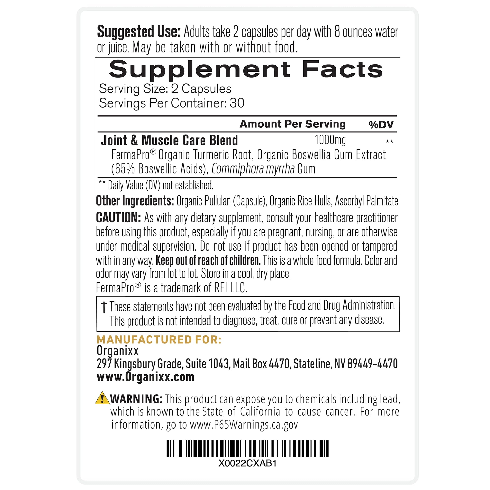 Organixx Joint & Muscle Care Organic Turmeric Supplement, 3-in-1 Frankincense, Turmeric and Myrrh Joint Health & Joint Support Supplement Body Care Capsules, Supports Swelling, Tension, 60 Capsules Organixx uk supplements