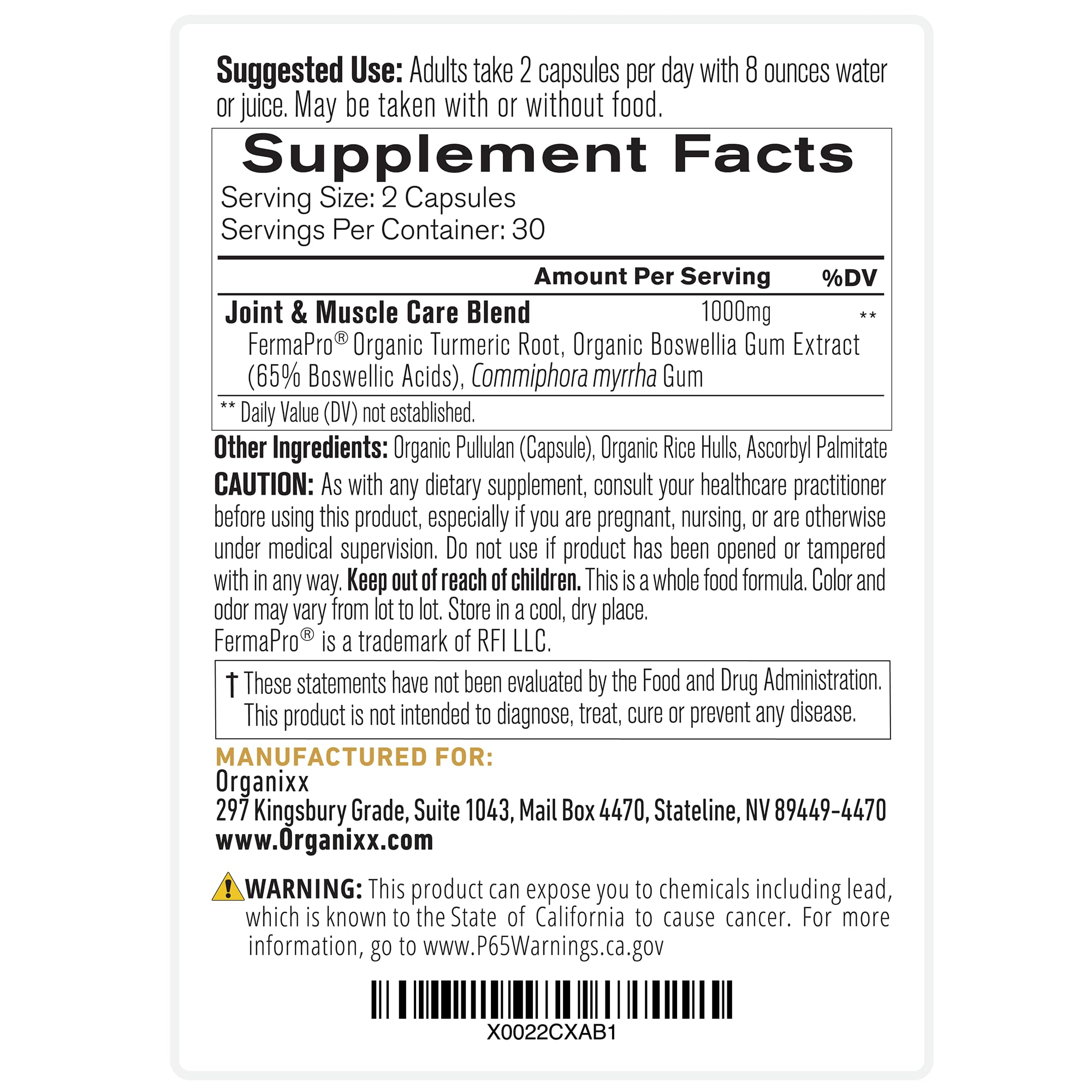 Organixx Joint & Muscle Care Organic Turmeric Supplement, 3-in-1 Frankincense, Turmeric and Myrrh Joint Health & Joint Support Supplement Body Care Capsules, Supports Swelling, Tension, 60 Capsules Organixx uk supplements