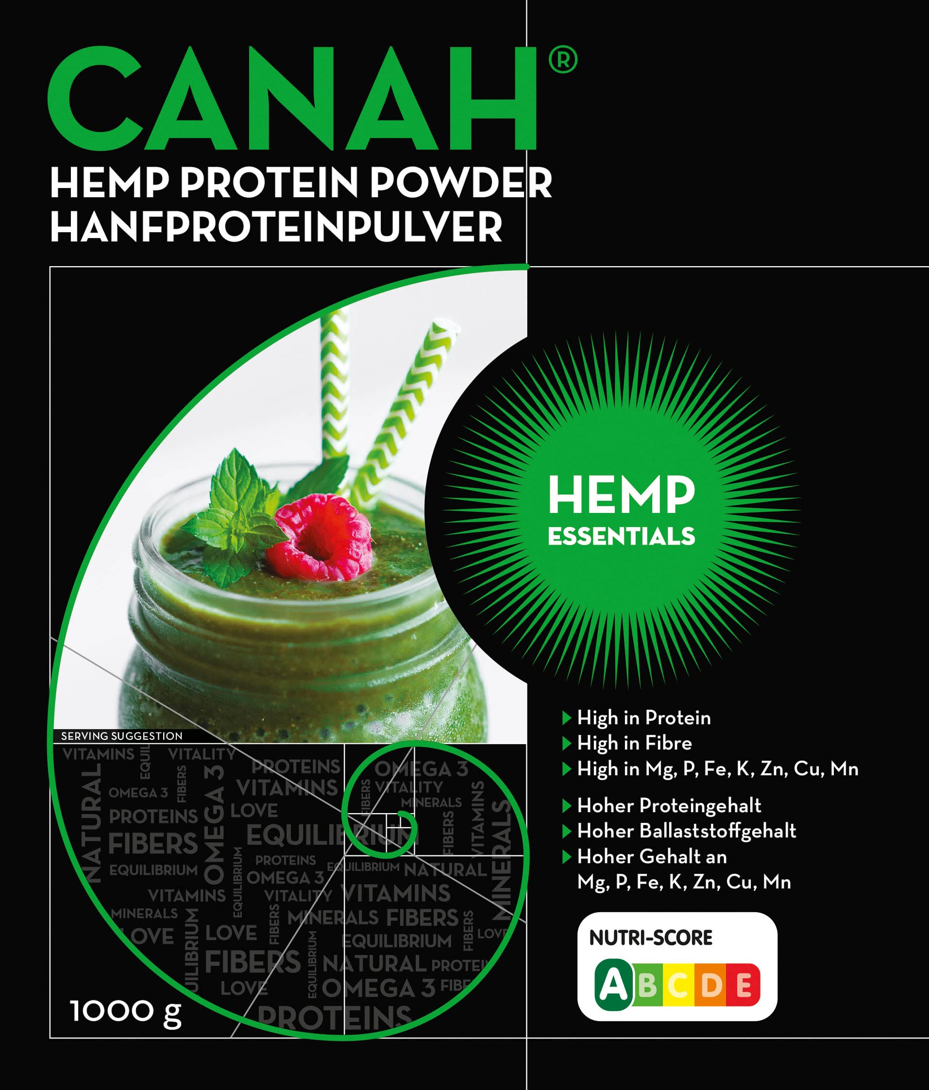 Canah® Natural Hemp Protein Powder 1 kg Vegan, High in Protein, Fibre, Omega 3 & Omega 6, Amino Acids, Vitamins and Minerals, Certified Kosher + Free Bonus Recipes Hemp Essentials uk supplements
