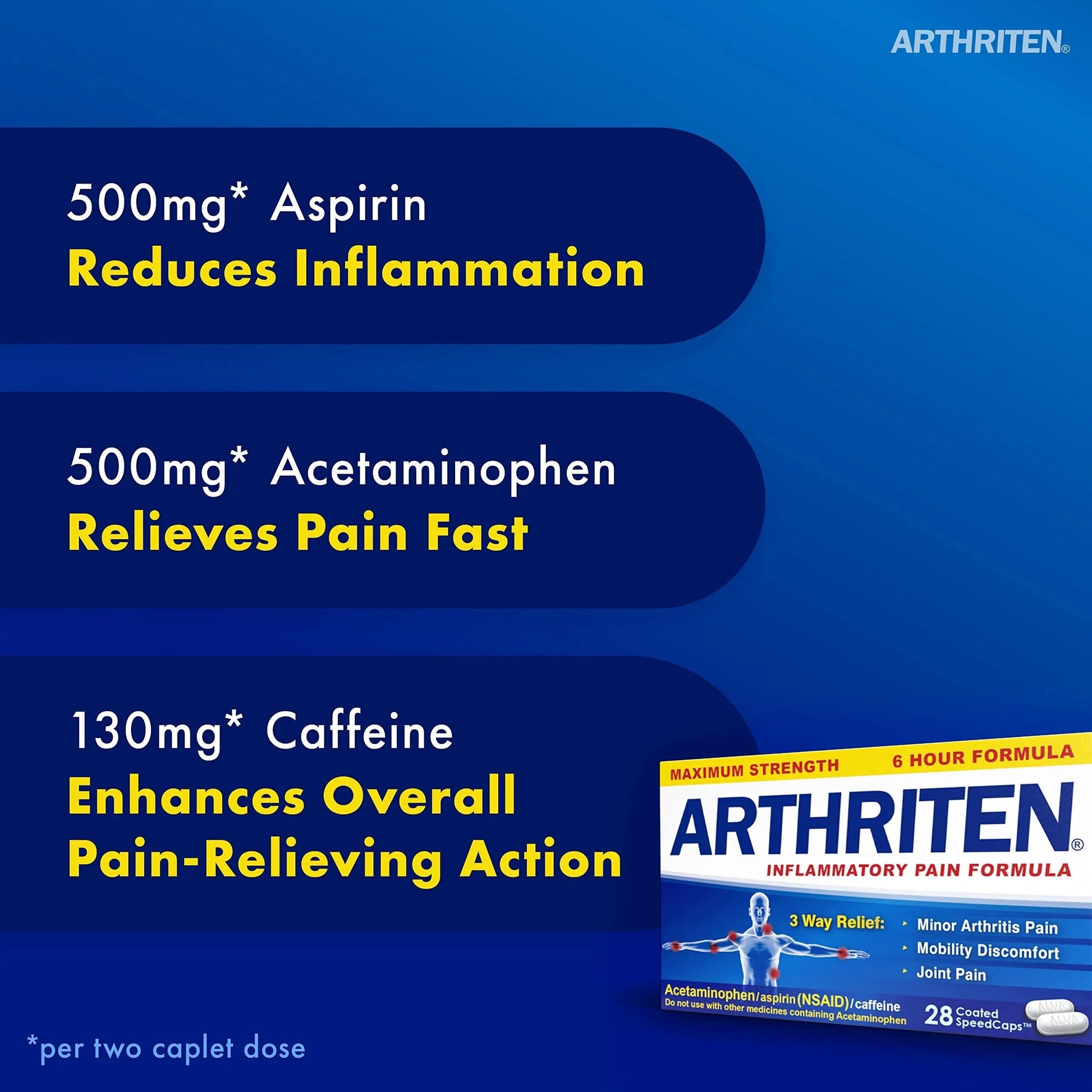 Arthriten Inflammatory Pain Formula Caplets with 3 Active Ingredients: Aspirin, Acetaminophen & Caffeine, White, 28 Count (Pack of 1) Arthriten uk supplements
