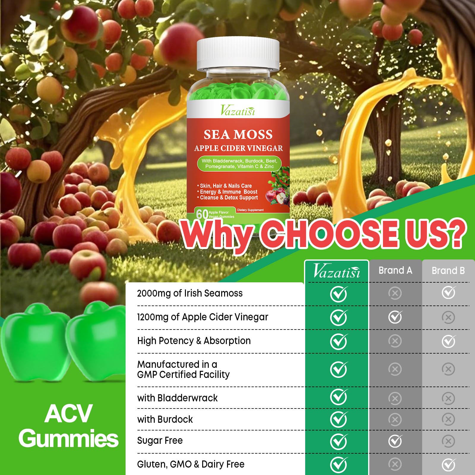 Vazatisi 2 Pack Apple Cider Vinegar Gummies, ACV with Sea Moss Gummies for Metabolism, Digestion, Detox, Gut & Immune Health, Apple Flavored -120 Count Vazatisi uk supplements