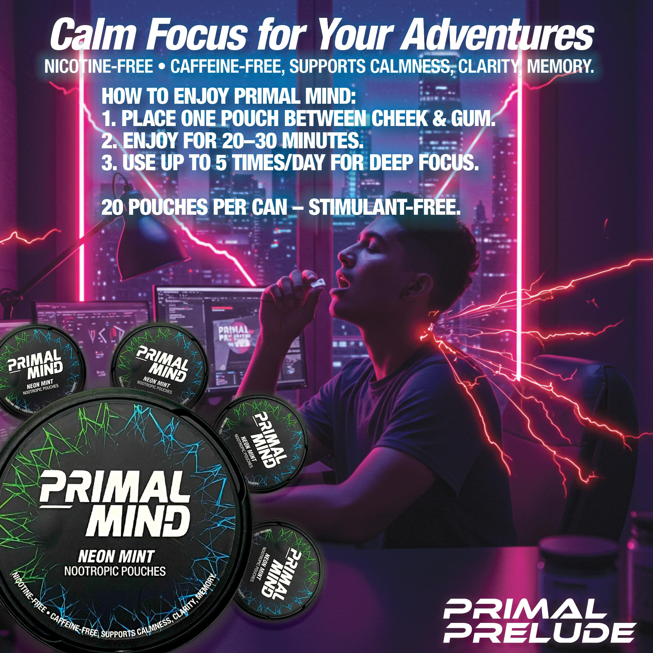 Nootropic Pouches - Primal Mind Caffeine Free Nootropics Pouches Made with Ginkgo Biloba & L-Theanine - Nicotine Free Brain Boost, No Sugar, Cognitive Support – 20 Pouches Per Can, 5 Pack (Neon Mint) Primal Prelude uk supplements