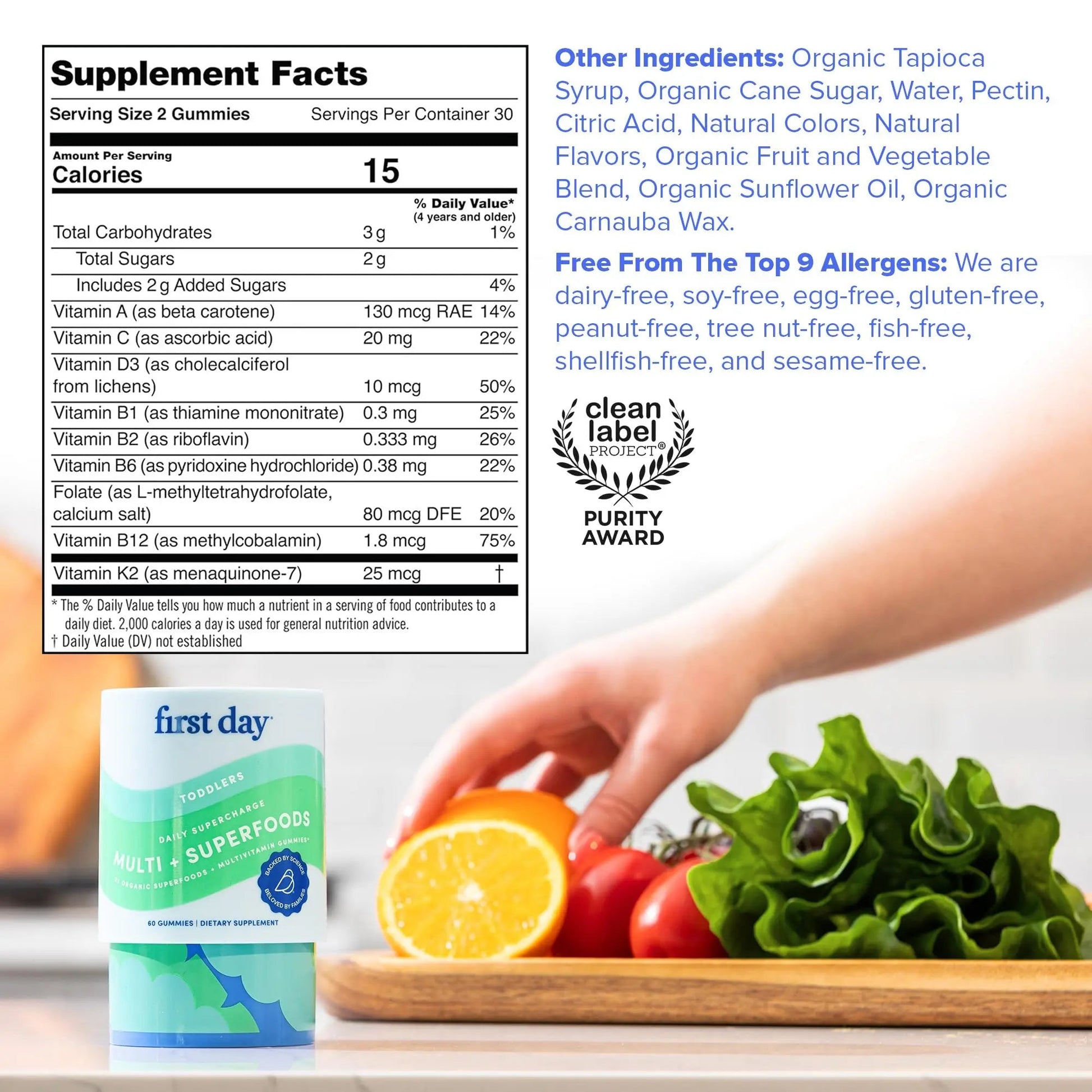 FIRST DAY Toddler Multivitamin Gummies (Ages 2-3)| Kids Multivitamin Gummies with Vitamins A C D3, B2, B12, Choline, Folate and 21 Organic Superfoods| (30 Day Supply) FIRST DAY uk supplements