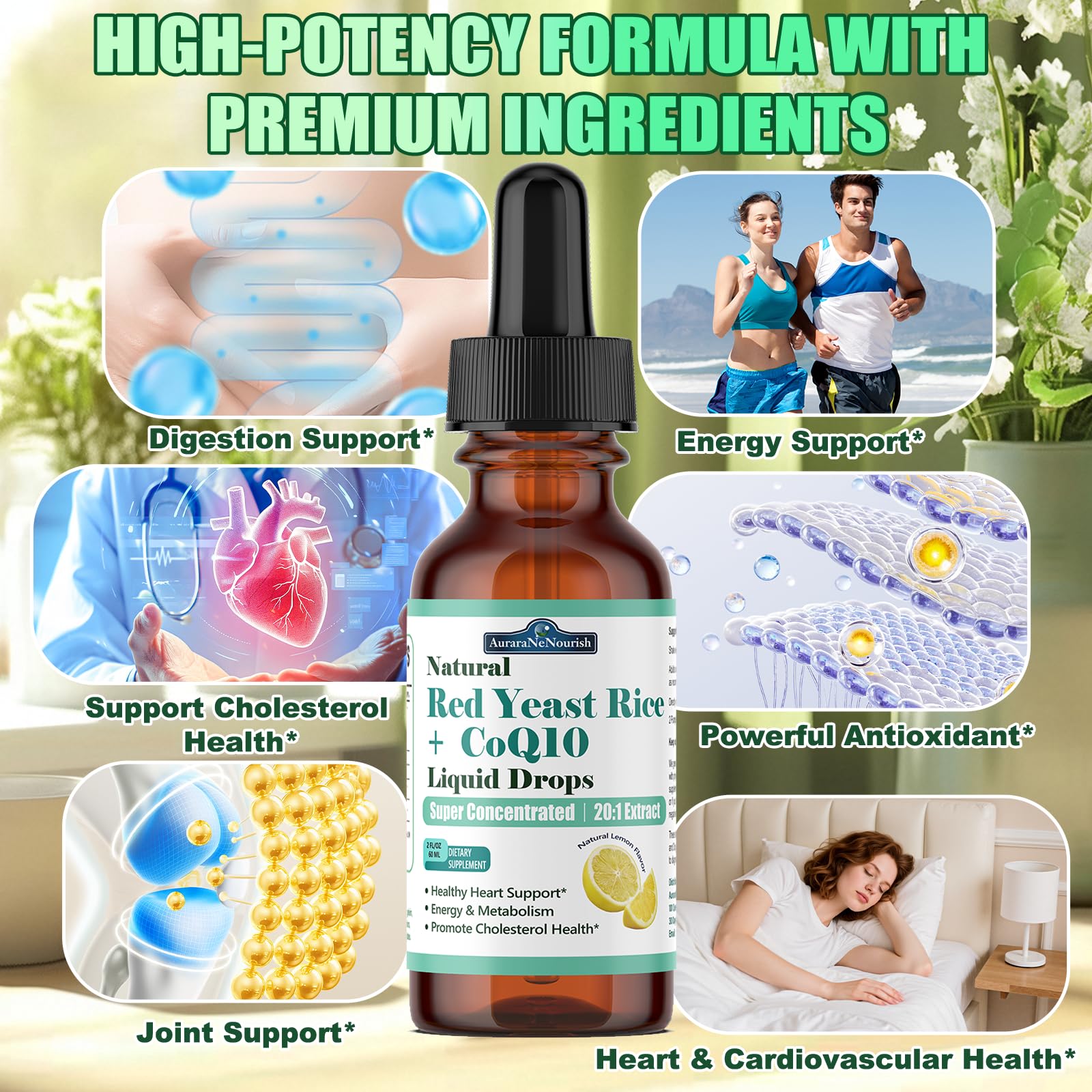 Liposomal Red Yeast Rice with Coq10 Liquid Drops, 5-in-1 Extra Strength 1200mg Cholesterol & Heart Support w. Citrus Bergamot Alpha Lipoic Acid | Cholesterol Lowering Supplement | GMO & Citrinin Free AuraraNeNourish uk supplements