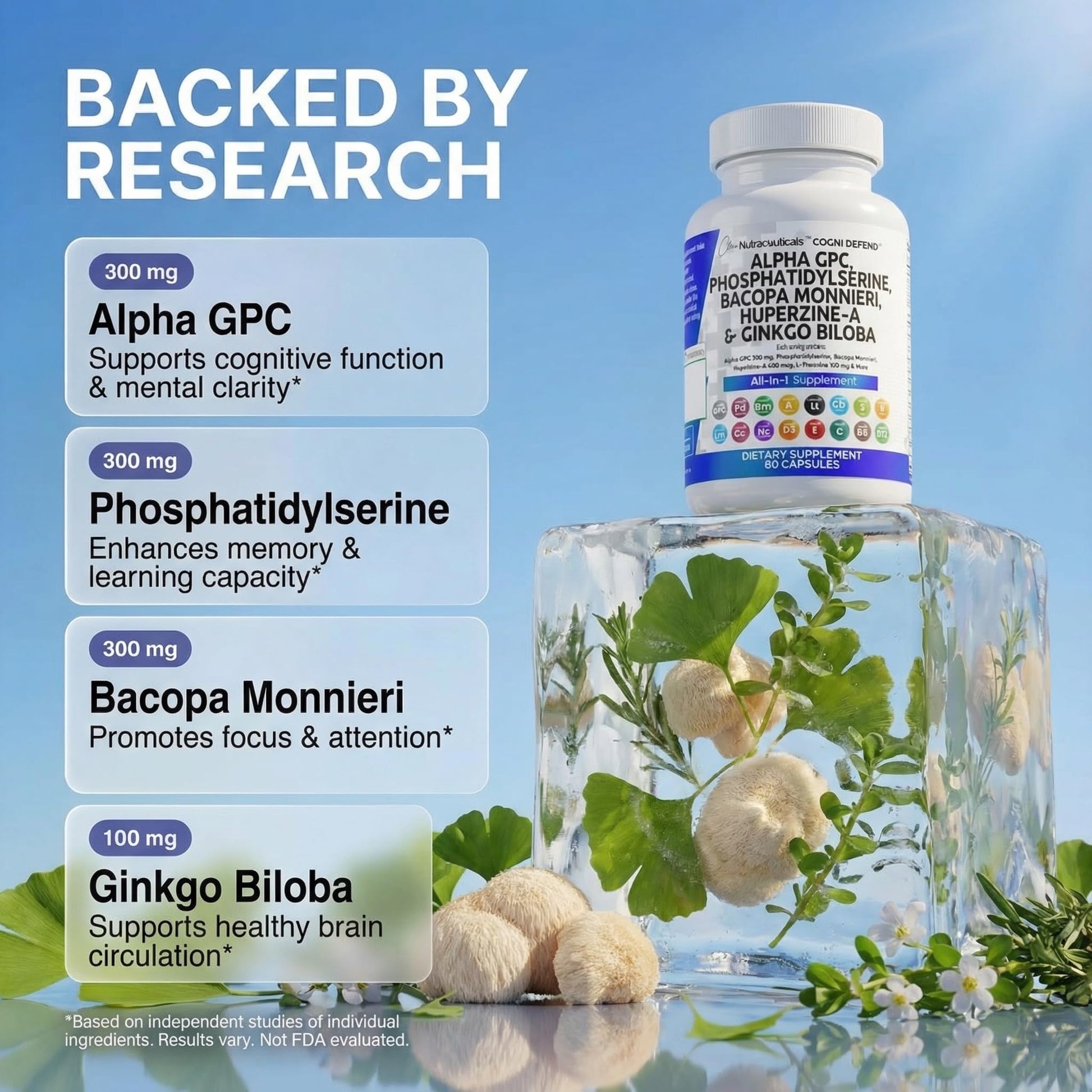 Brain Supplement Alpha GPC 300mg Phosphatidylserine Bacopa Monnieri Ginkgo Biloba Lions Mane Huperzine A L-Theanine NAC Nootropic Memory Focus Cognitive Support Vitamins B C D E 60 Capsules USA Clean Nutraceuticals uk supplements