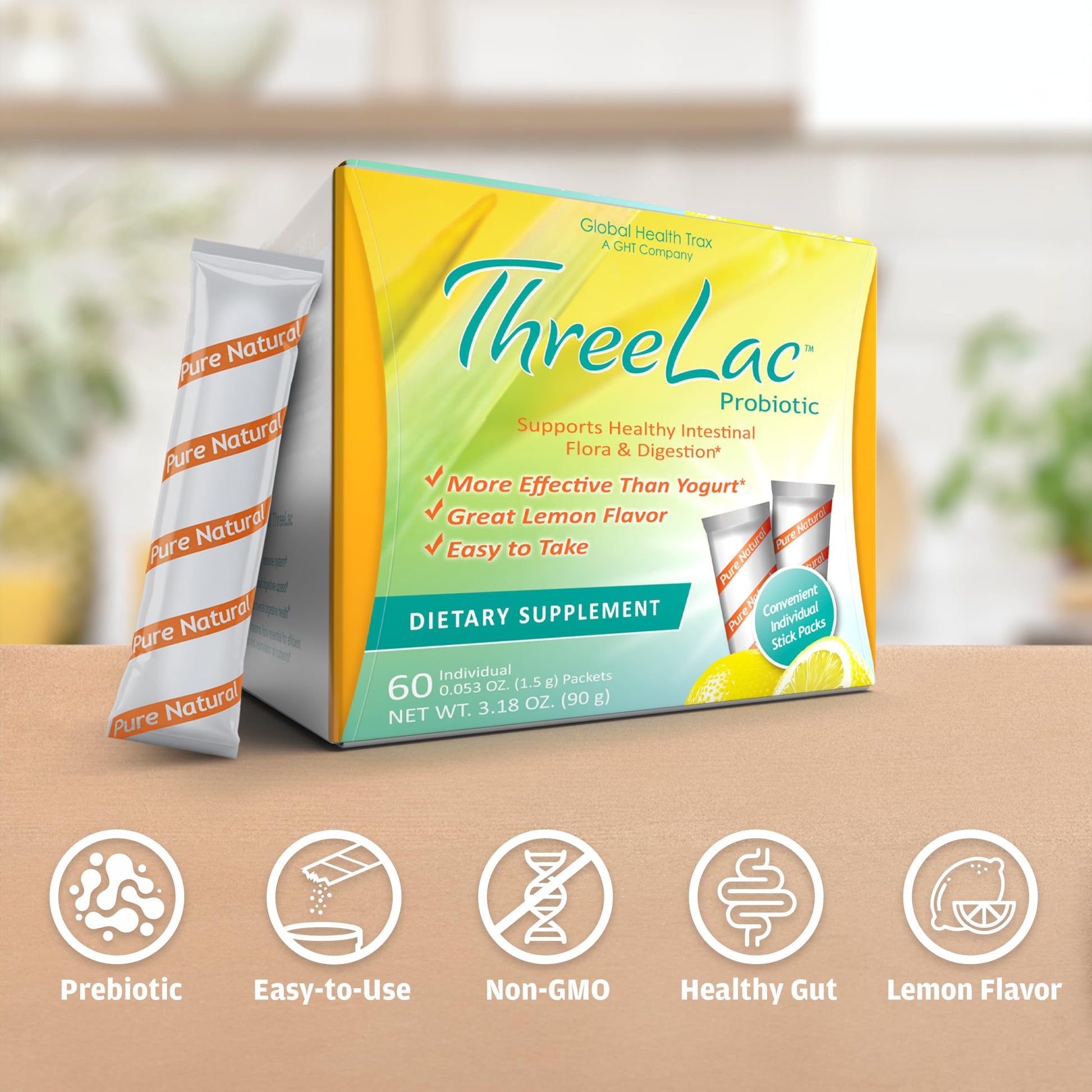 Global Health Trax GHT - ThreeLac Lemon Probiotic Drink Mix for Digestive Health - Advanced Probiotic Powder Formula for Men, Women & Kids - Immune Support & Gut Balance, Non-GMO - 60 Packets ght Global Health Trax uk supplements
