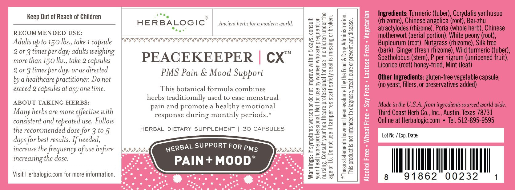 Herbalogic - Peacekeeper CX Herb Capsules - Reduces PMS Related Mood Swings - Reduces Cramps & Pain Associated with Monthly Periods - Contains Turmeric & Corydalis - 30 Cap Count Herbalogic uk supplements
