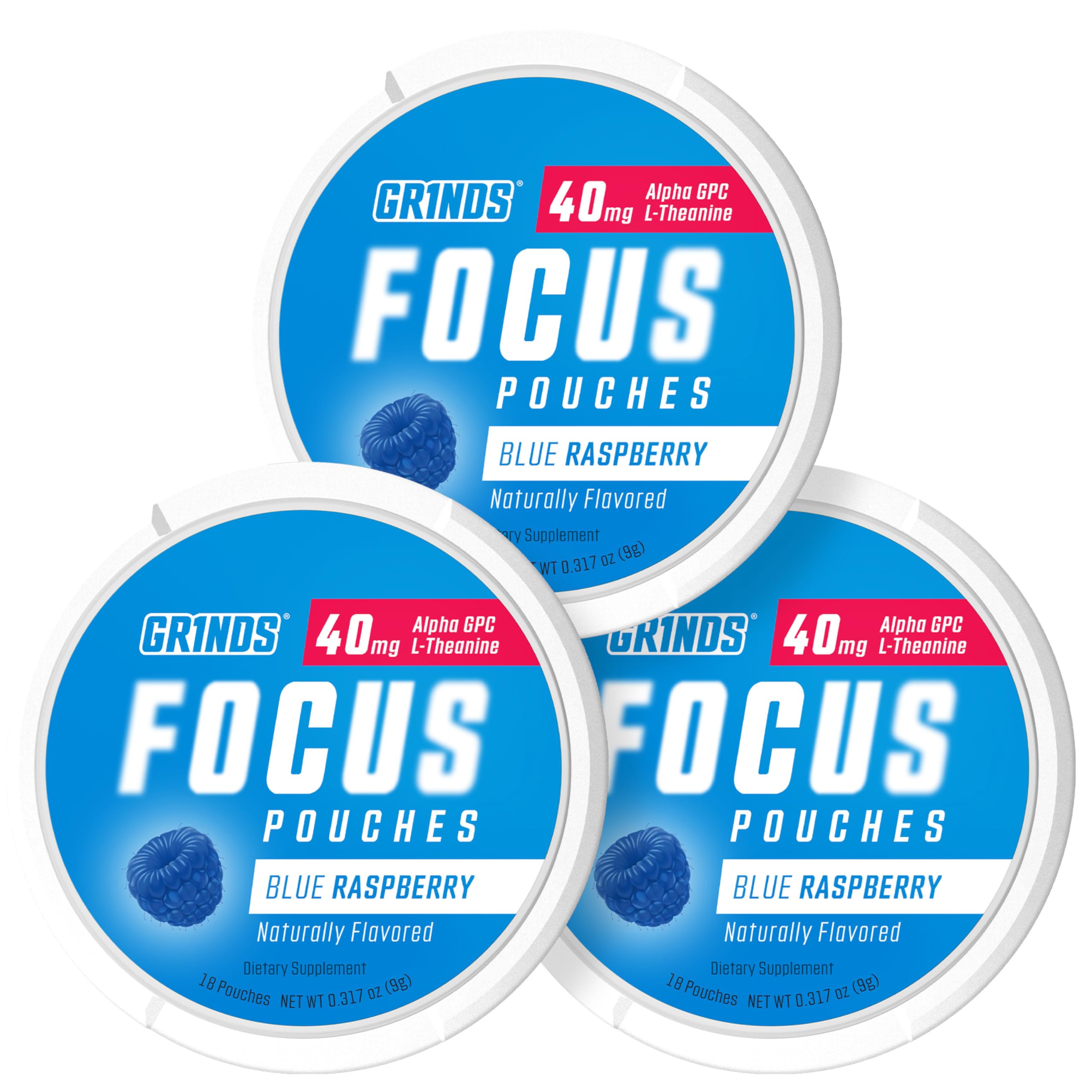 GRINDS Focus Pouches - Naturally Flavored with Nootropic Ingredients - Contains Alpha GPC and L-Theanine - Nicotine-Free, Sugar-Free - 3 Pack, 18 Pouches Per Can - Blue Raspberry GRINDS uk supplements