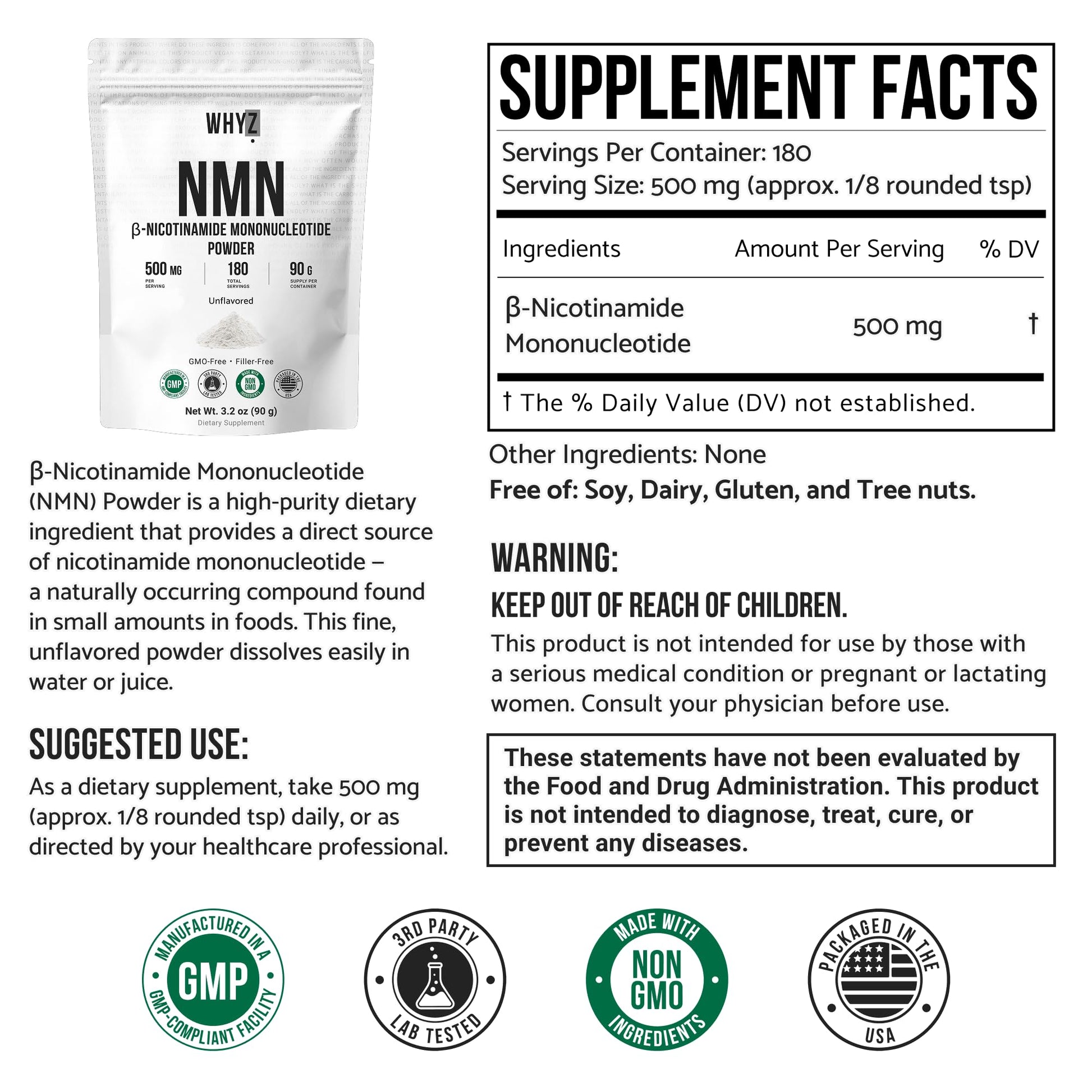 Pure NMN Powder Nicotinamide Mononucleotide Quick Dissolved NMN Supplement Powder 100% Unflavored NMN Supplement Supports NAD+ Levels Vegan Friendly Non-GMO, 90g WHYZ uk supplements