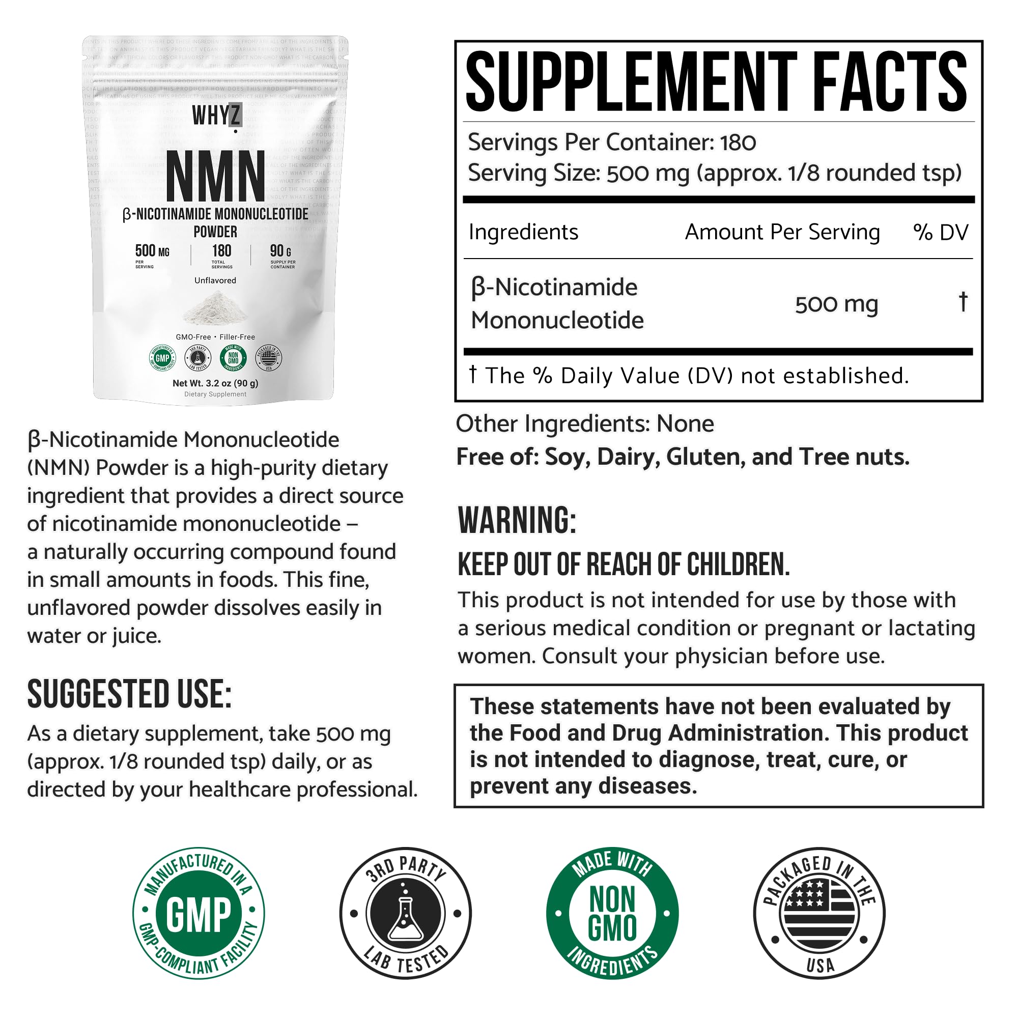 Pure NMN Powder Nicotinamide Mononucleotide Quick Dissolved NMN Supplement Powder 100% Unflavored NMN Supplement Supports NAD+ Levels Vegan Friendly Non-GMO, 90g WHYZ uk supplements
