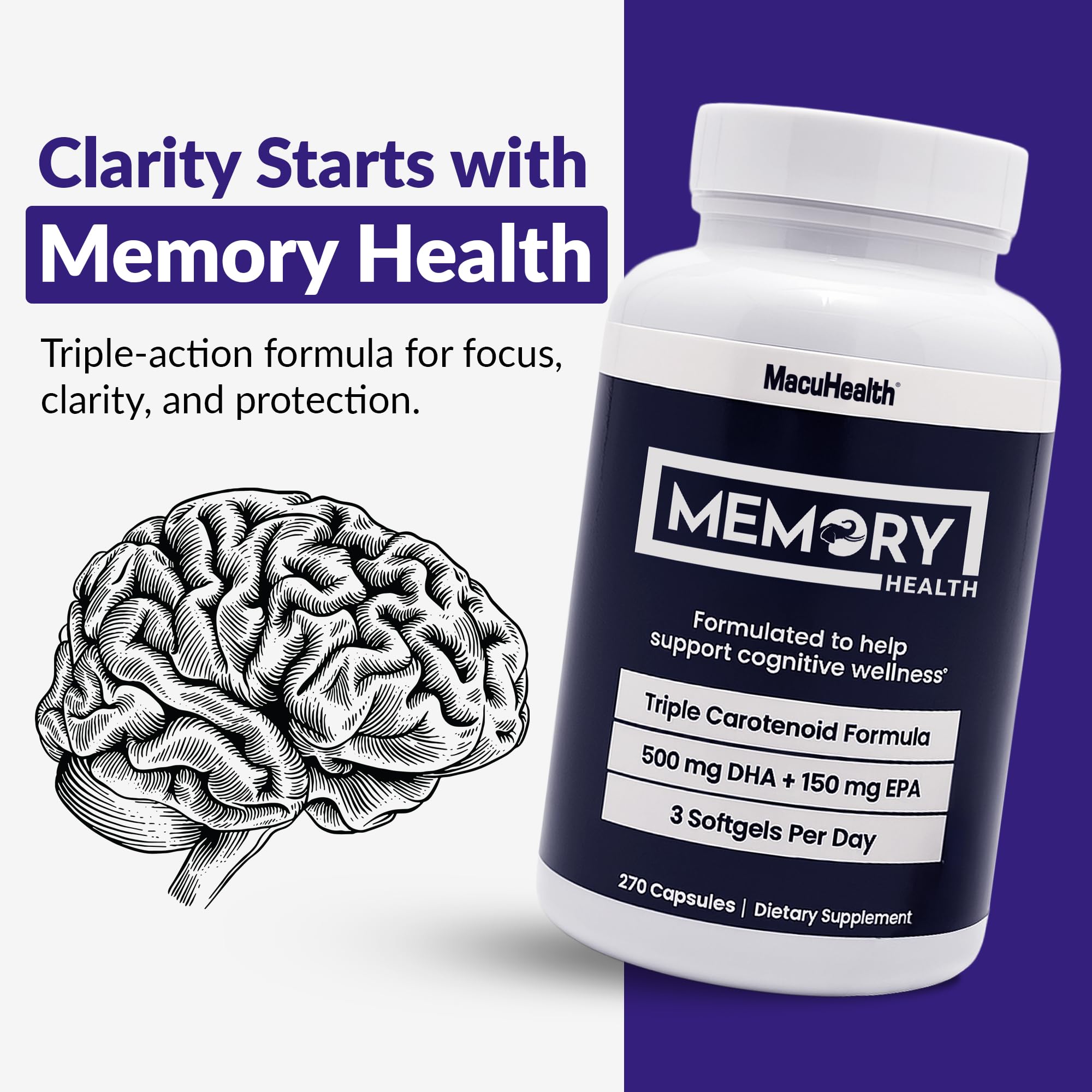 Memory Health Softgels with Omega-3, Carotenoids, and Vitamin E – Designed for Mental Focus, Energy, and Enhanced Clarity - (270 Softgels, 90 Days Supply)