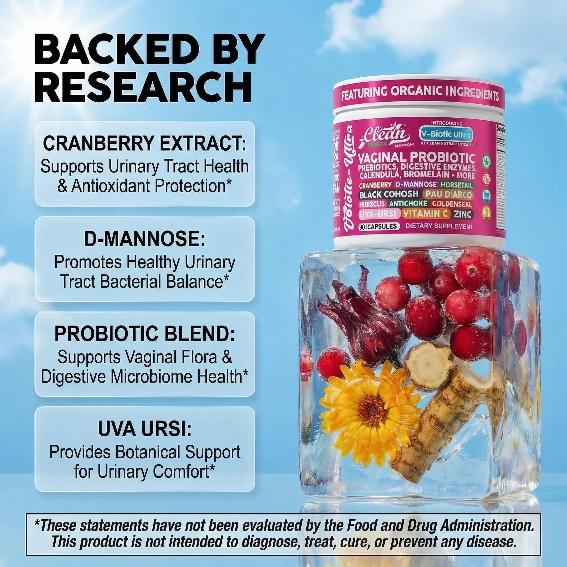 Clean Nutra Vaginal Probiotics for Women + Prebiotics Digestive Enzymes Bromelain Cranberry D Mannose Horsetail Black Cohosh Artichoke Hibiscus Flowers Probiotic for Digestive Health 90 Vegan Capsules Clean Nutraceuticals uk supplements