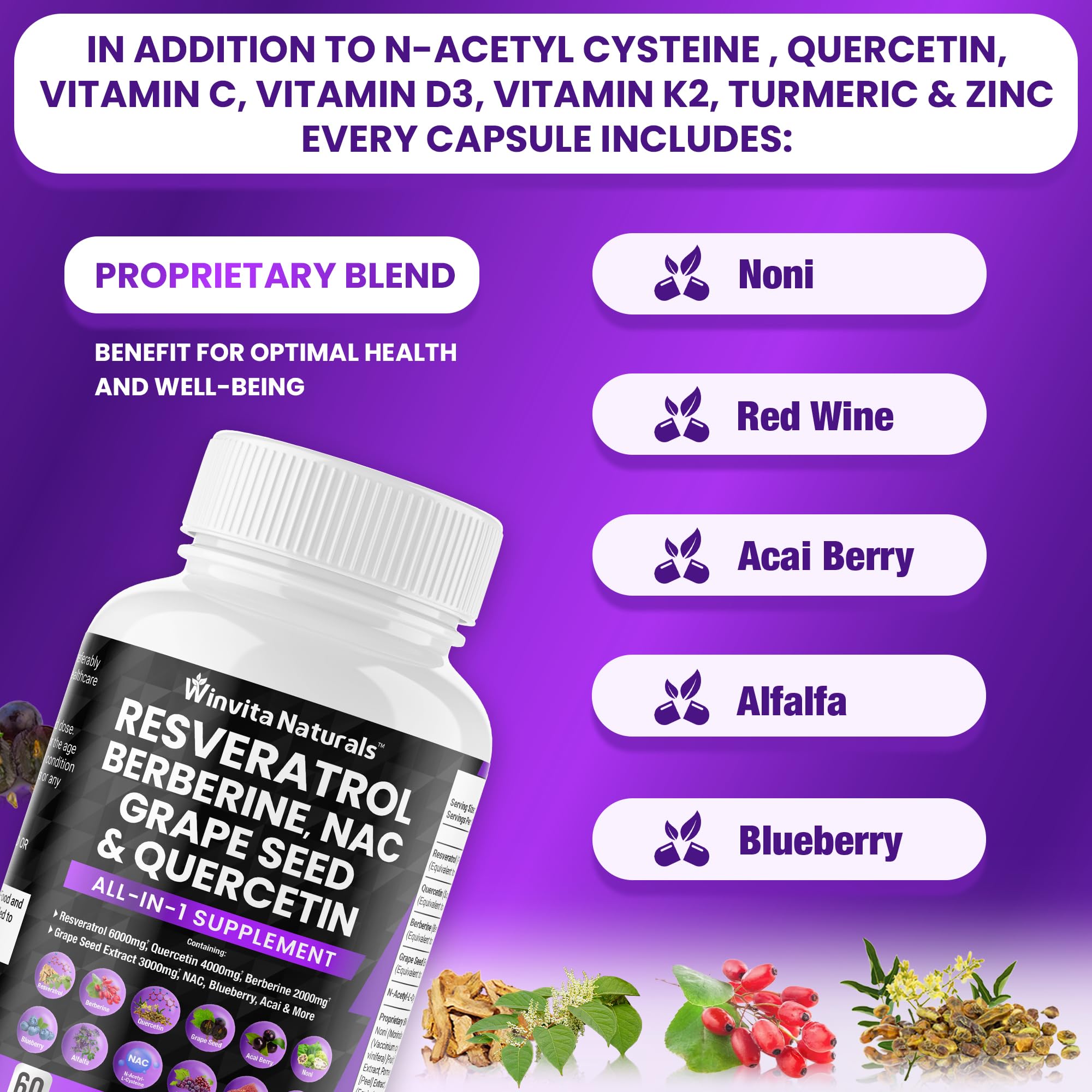 Resveratrol 6000mg Quercetin 4000mg Berberine 2000mg Grape Seed Extract 3000mg Winvita Naturals uk supplements