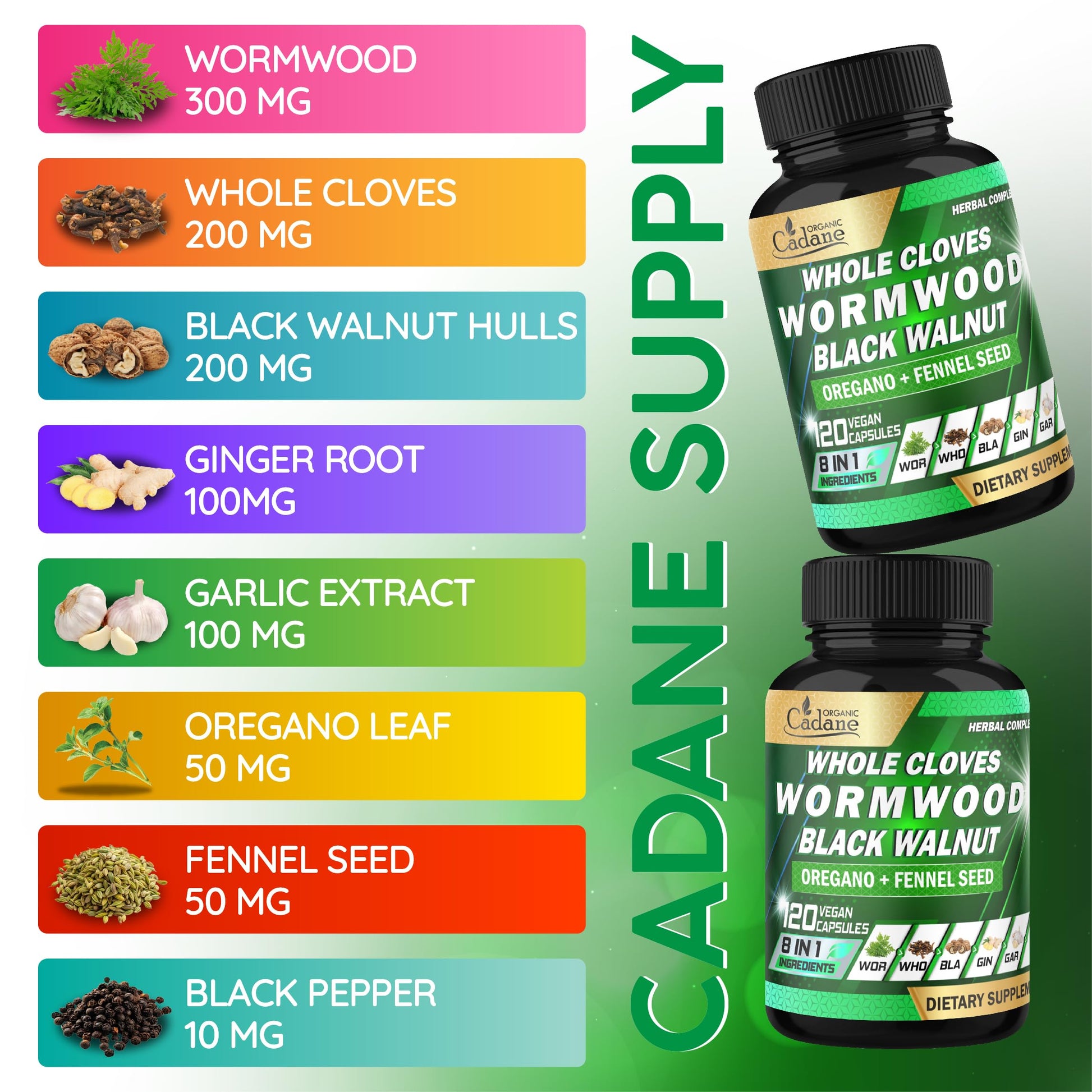 Cadane Wormwood Whole Cloves Black Walnut with Ginger, Garlic, Oregano, Fennel & Black Pepper | Digestive & Wellness Support | 120 Capsules – 60-Day Organic Cadane uk supplements