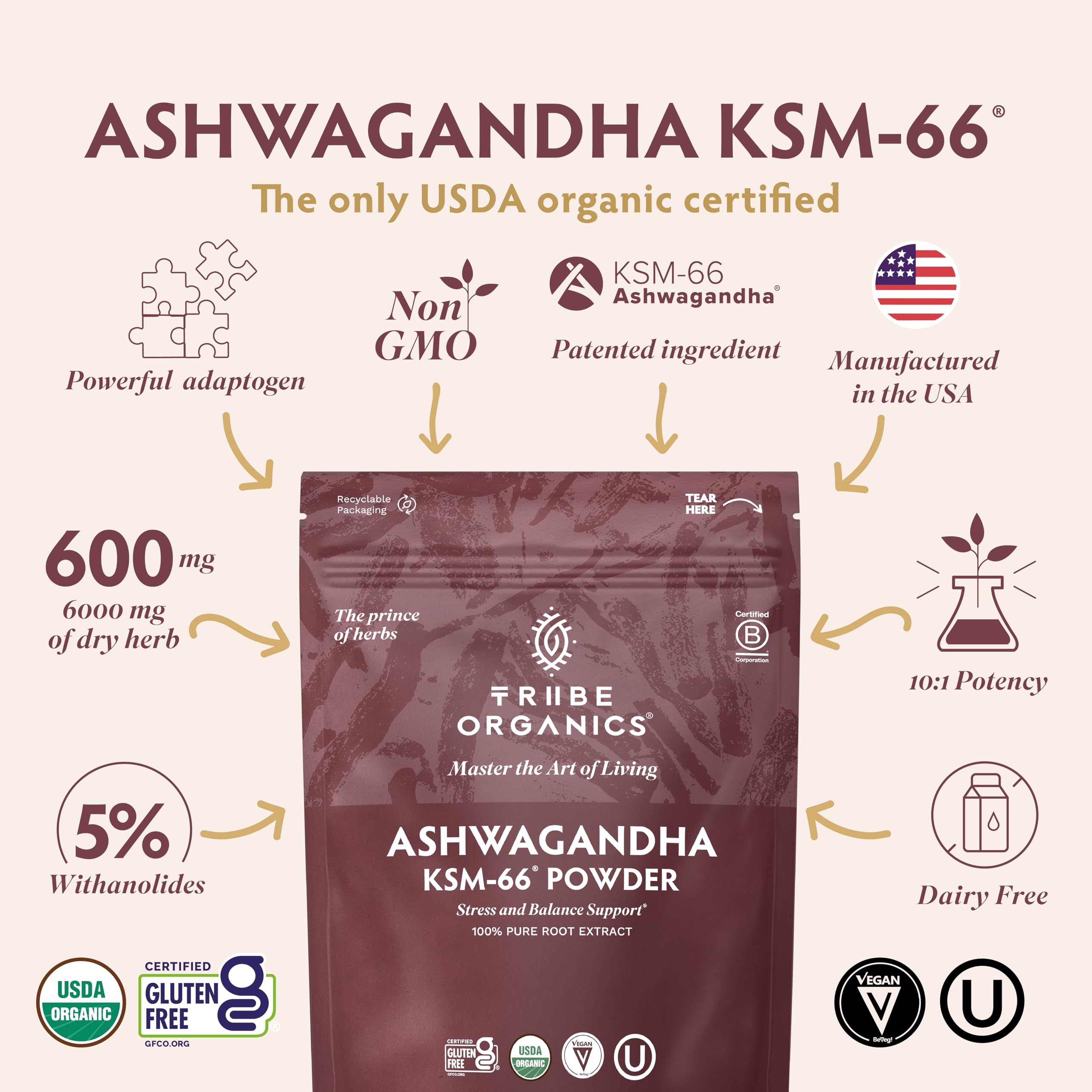TRIBE ORGANICS KSM-66 Ashwagandha Root Extract Powder Ayurvedic Herb for Mood Support | Increase Energy | Strength - Organic | Natural | Gluten Free | Non GMO | Full-Spectrum - 100g Pouch TRIBE ORGANICS uk supplements