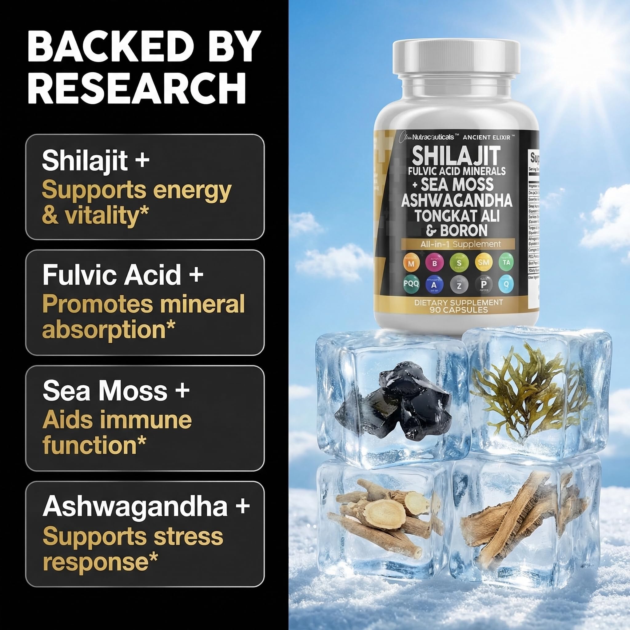 Clean Nutraceuticals Shilajit Supplement for Men with Sea Moss, Tongkat Ali, Ashwagandha, Boron, Zinc, CoQ10, PQQ - Fulvic Acid Capsules - Energy Support - 90 Count - Resin, Gummy & Powder Alternative Clean Nutraceuticals uk supplements