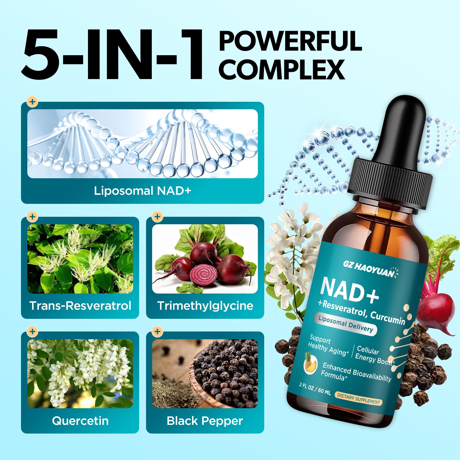 GZ HAOYUAN NAD Liquid Supplement for Women, Liposomal NAD+ Drops 1200MG with NAD Plus Resveratrol, Tmg, Quercetin, Anti-Aging, Cell Regeneration, Energy & Metabolism Support, Pineapple Flavor GZ HAOYUAN uk supplements