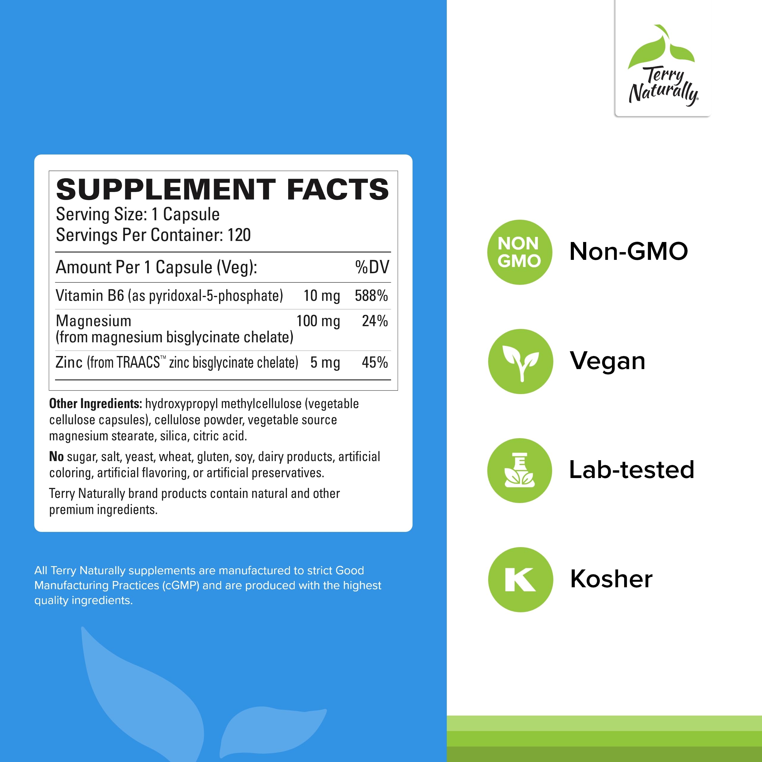 Terry Naturally BioActive Magnesium Complex - Bone & Heart Health Support - Supplement with Vitamin B6, Zinc & Magnesium - Pyridoxal-5-Phosphate Vegan Capsule Supplement - 120 Capsules Terry Naturally uk supplements