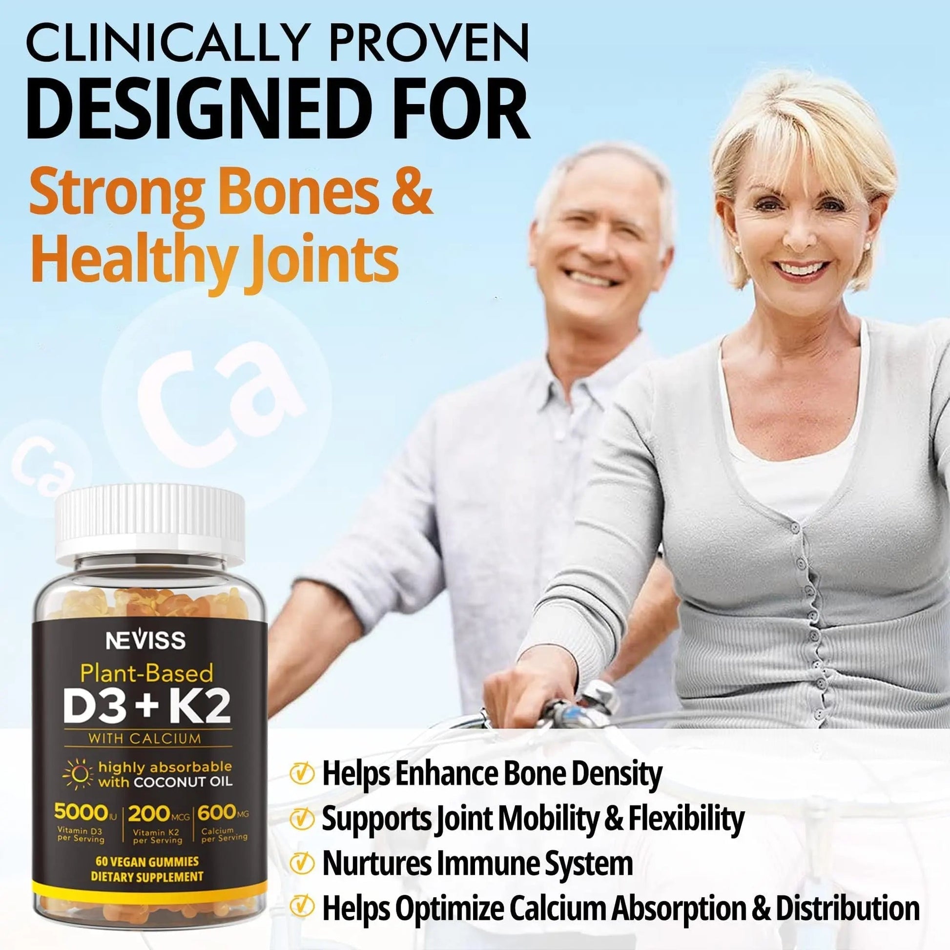 NEVISS 50+ Daily Gummy Multivitamin Algae Omega 3 & Calcium, CoQ10, Magnesium + Vitamin D3 5000IU Gummies 125mcg with Calcium 600mg, K2(MK7) 200mcg NEVISS uk supplements