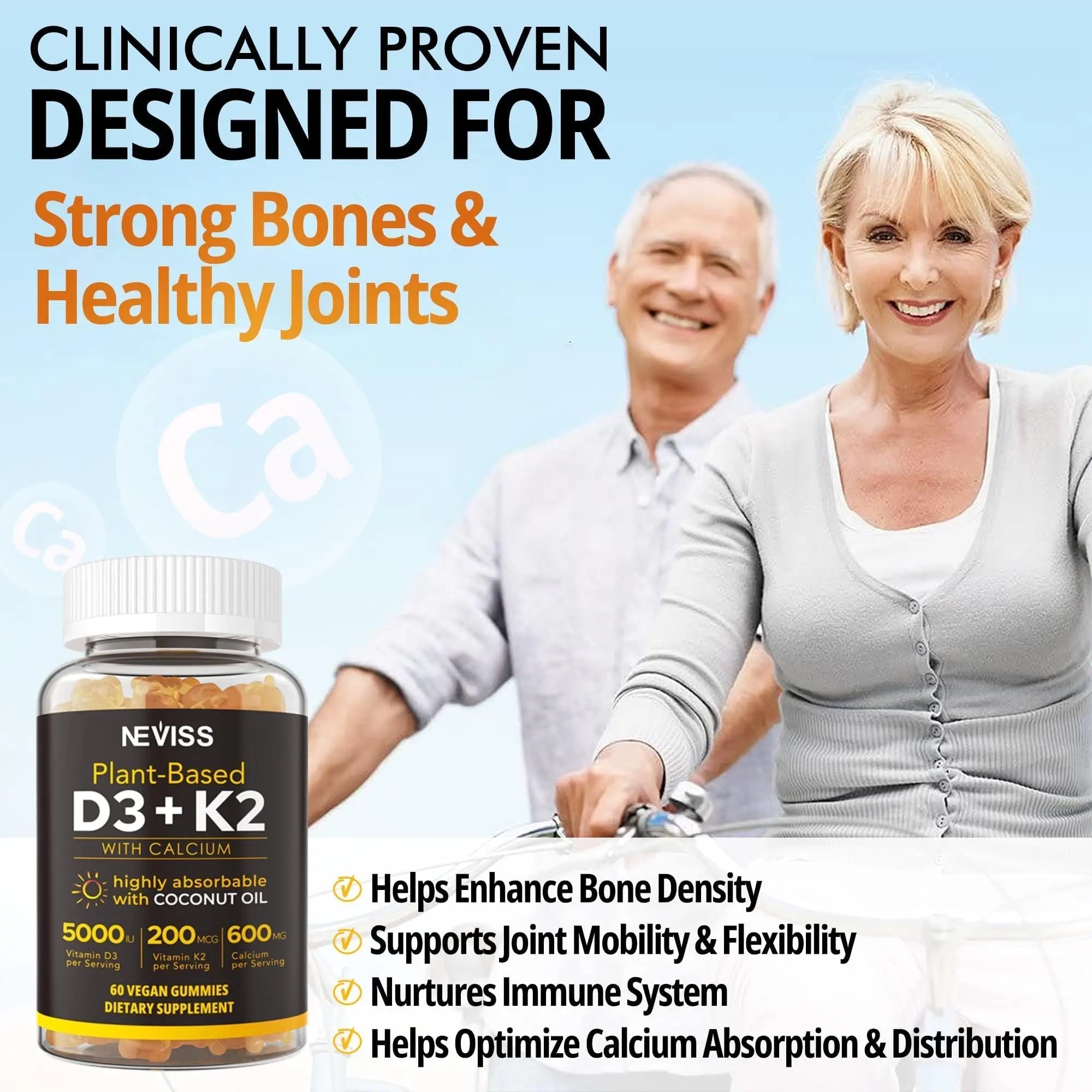 NEVISS 50+ Daily Gummy Multivitamin Algae Omega 3 & Calcium, CoQ10, Magnesium + Vitamin D3 5000IU Gummies 125mcg with Calcium 600mg, K2(MK7) 200mcg NEVISS uk supplements