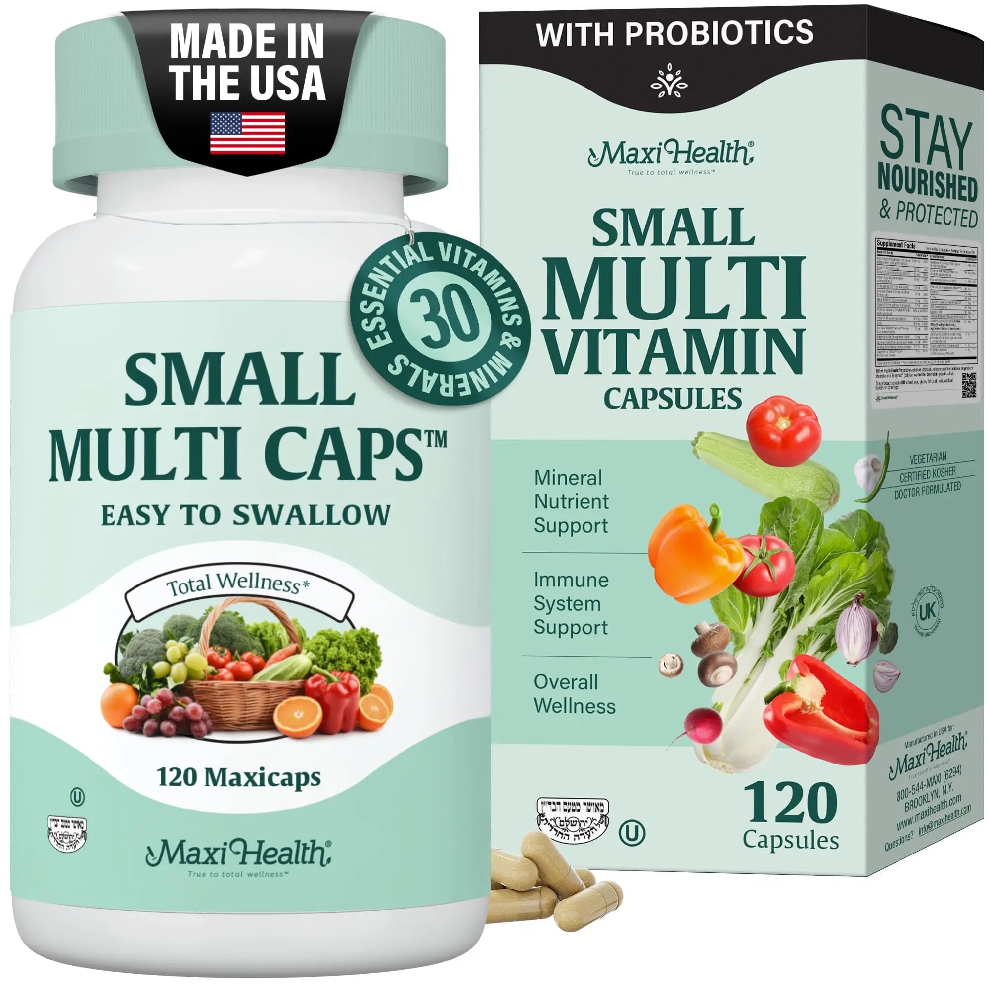Maxi Health Multivitamin – Easy to Swallow Multi Vitamin Capsules with 30 Nutrients, Iron & Probiotics – Kosher Daily Multivitamins Small Capsules Maxi Health uk supplements