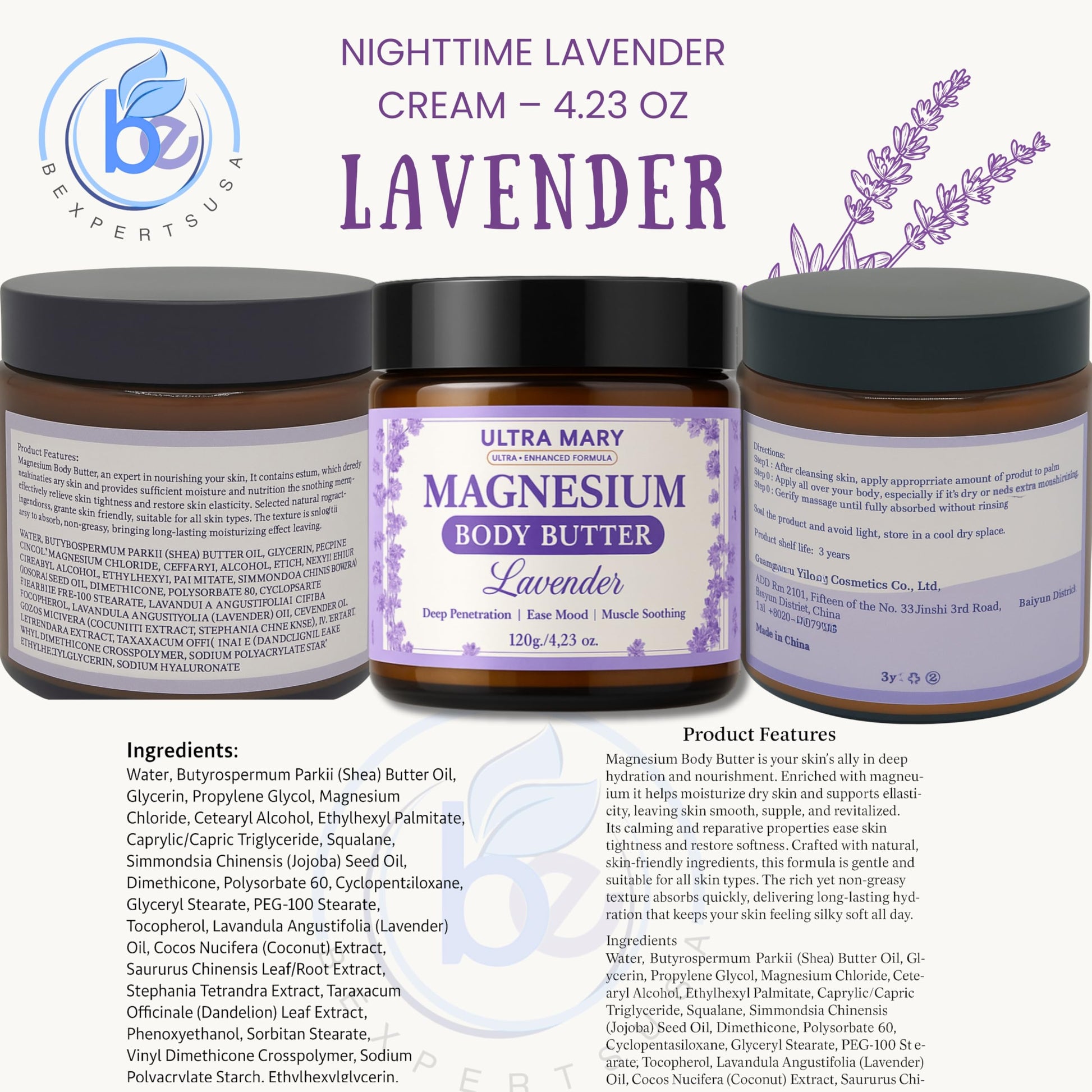 Nighttime Magnesium Cream for Pain, Nerve & Leg Cramps - Magnesium Body Butter for Sleep with Shea Butter, Jojoba Oil, Coconut Extract & Dandelion - Lavender Magnesium Lotion for Kids - 4.23oz ULTRA MARY uk supplements