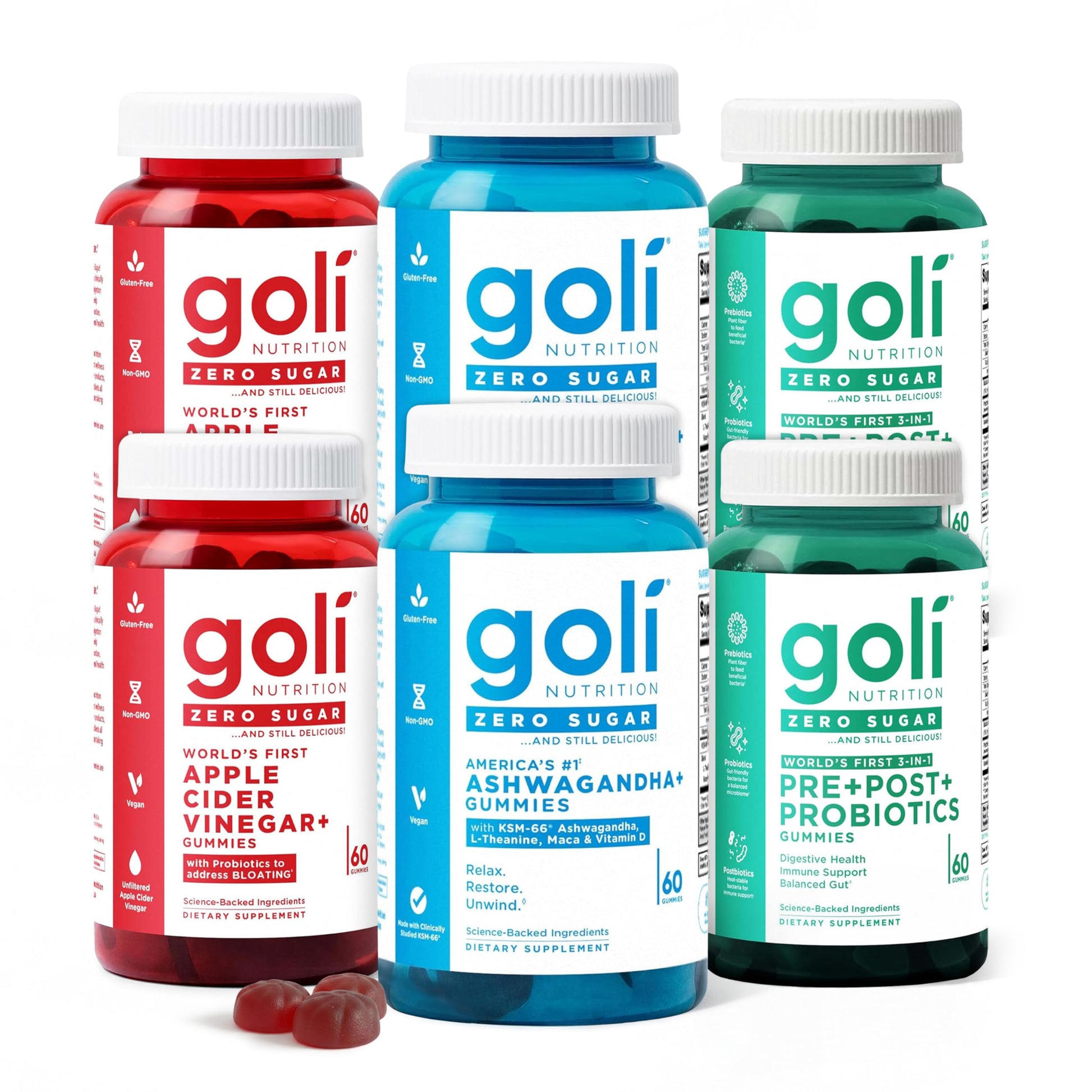 Goli Zero Sugar 6 Pack Bundle - World's First 3-in-1 Pre, Post, Probiotic, Apple Cider Vinegar with Vitamin B12 and Probiotics to Address Bloating, Ashwagandha & L-Theanine, Vitamin D Gummies Goli uk supplements