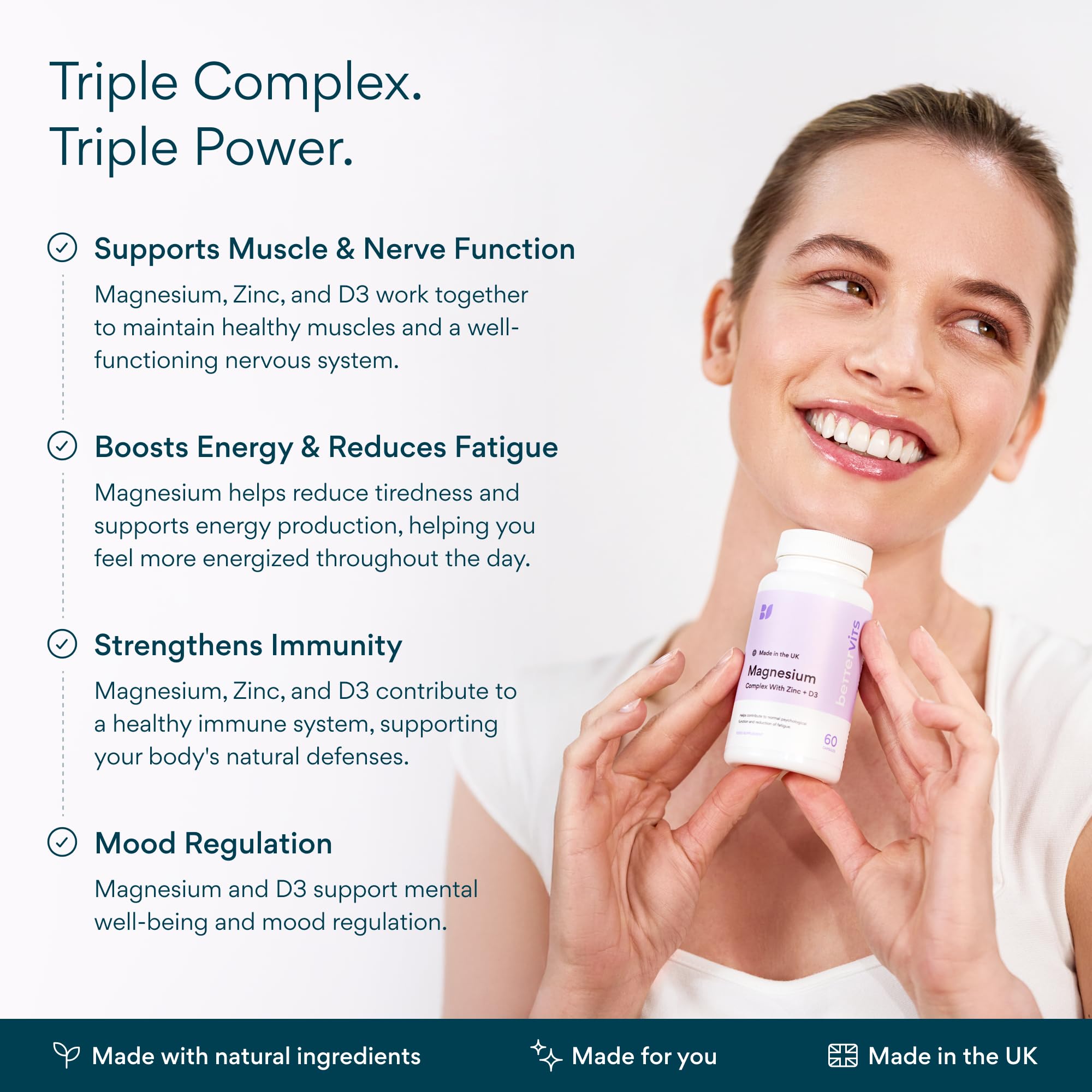 Bettervits Magnesium Glycinate Complex with Citrate Malate Zinc & Vitamin D3 | High Absorption Pure Magnesium 225mg Supplement Chelated Formula for Muscle Relaxation, Sleep Support – 60 Capsules Bettervits uk supplements