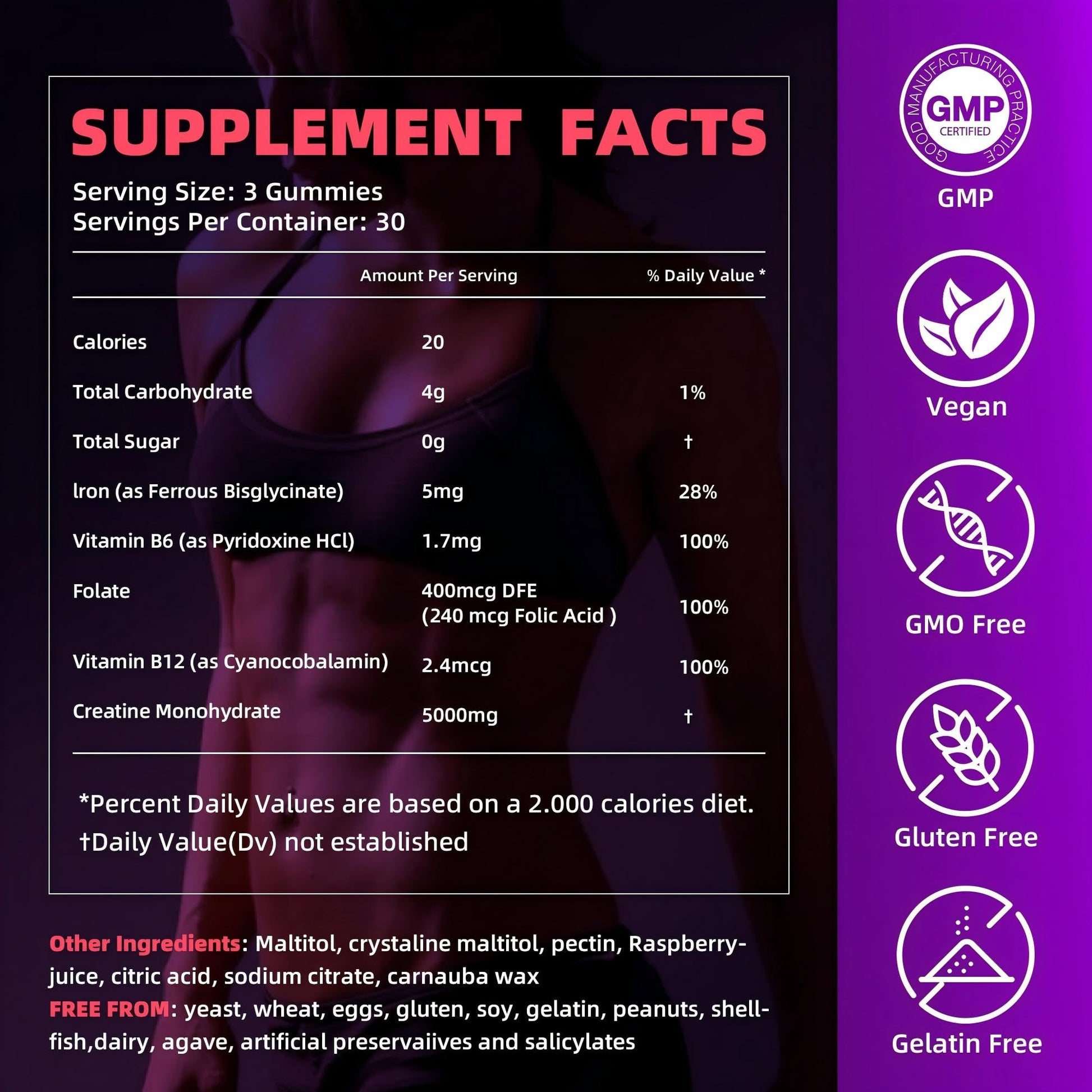 IRIDESICENT Creatine Monohydrate Gummies 5000mg w/Iron, Vitamin B6 & B12, Sugar Free 5g Creatine Supplements for Women and Men Boost Energy & Muscle Recovery - 90 Raspberry Gummies IRIDESICENT uk supplements